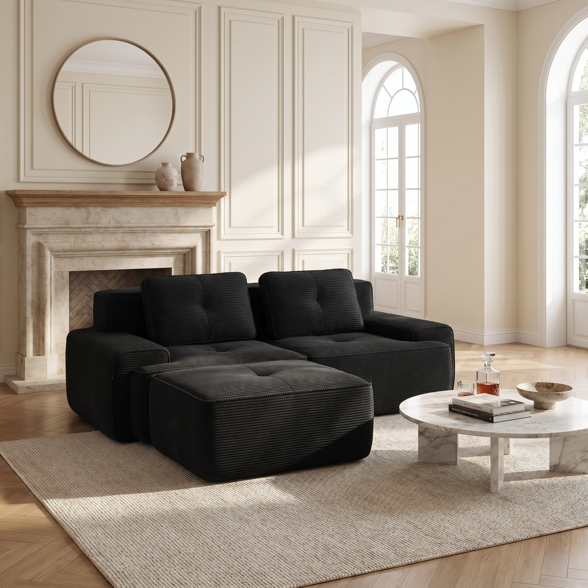 Racine black modular sofa showing front living room setup with dual ottomans