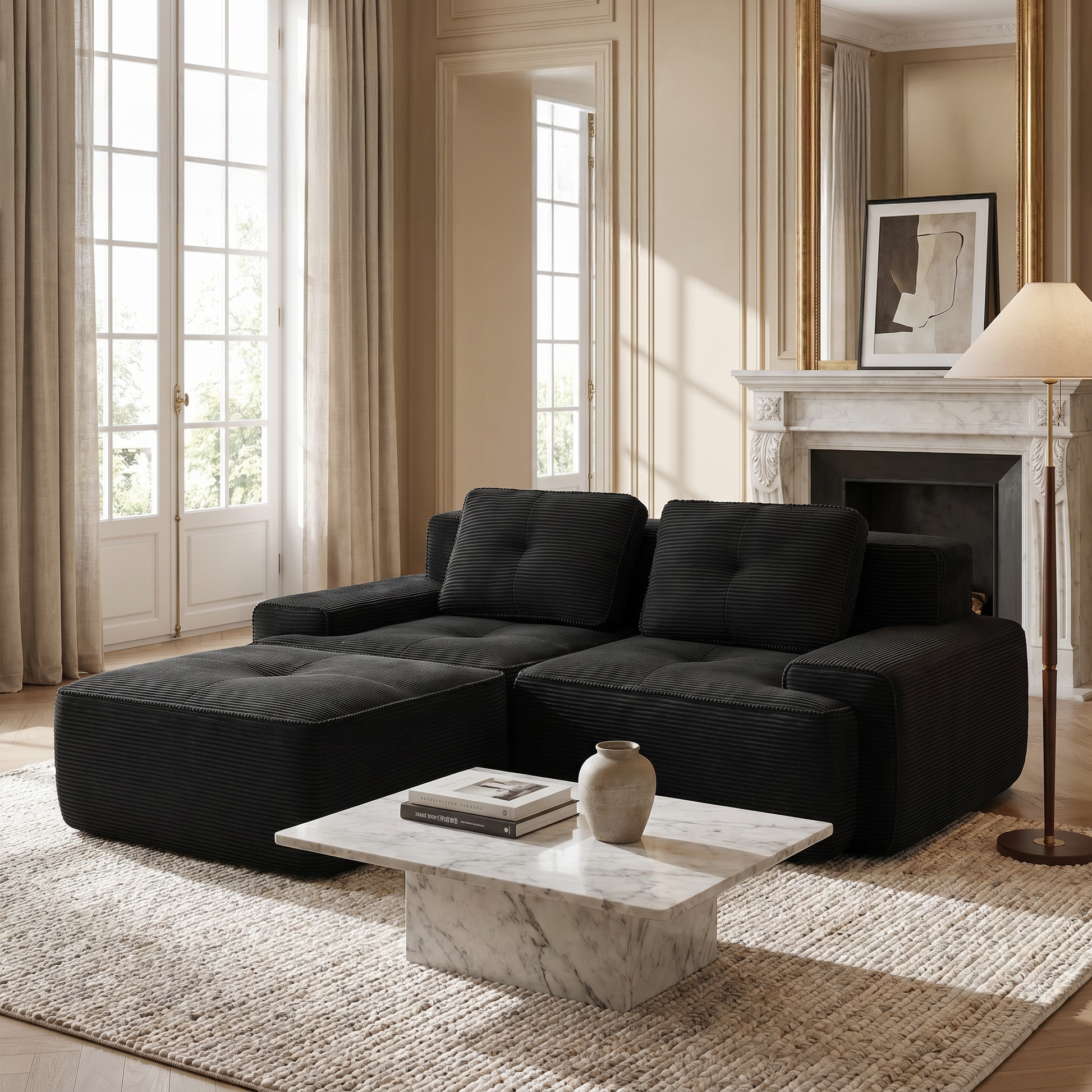 Racine black modular sofa showing front living room setup with dual ottomans