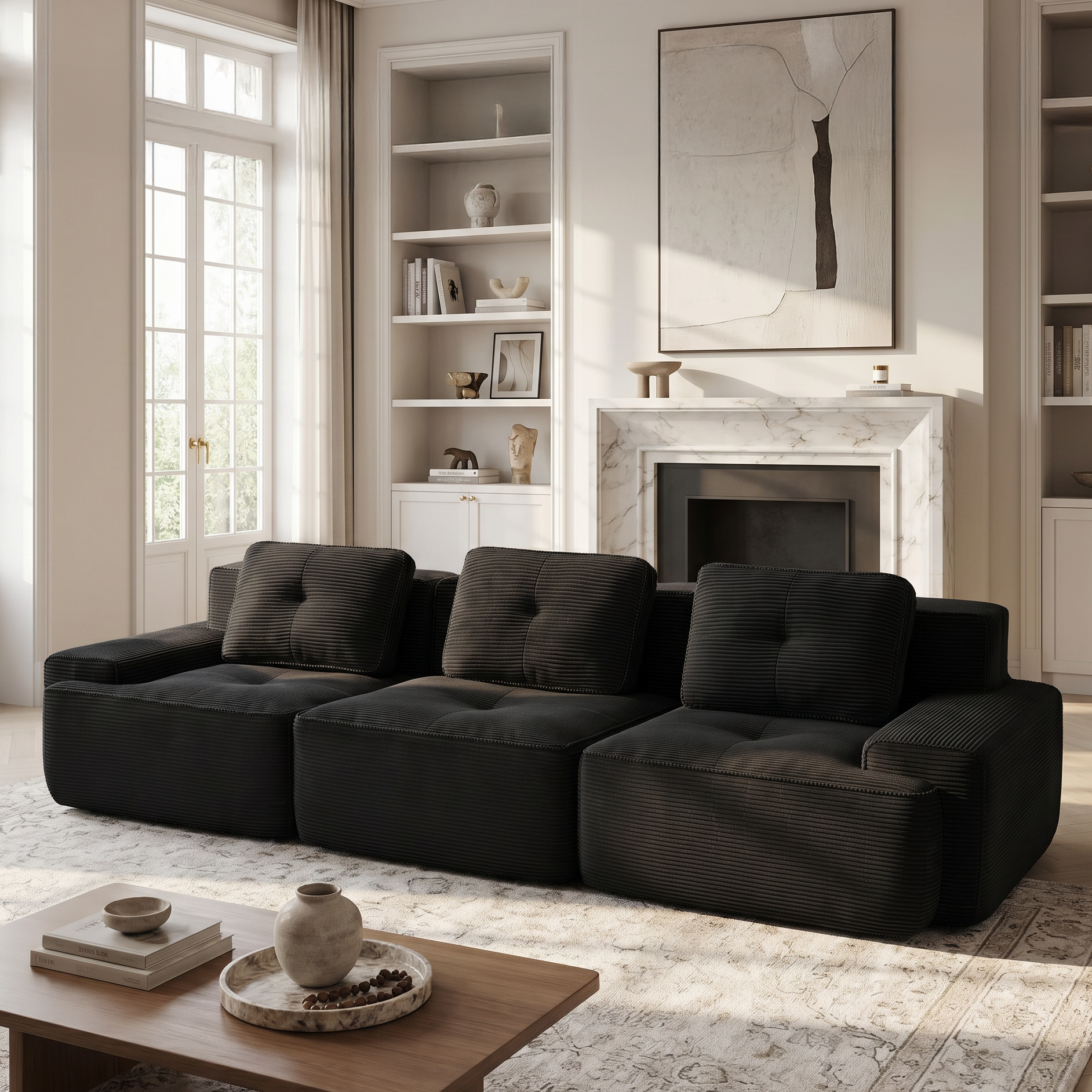 Racine black modular sofa showing angled living room view with modular ottomans