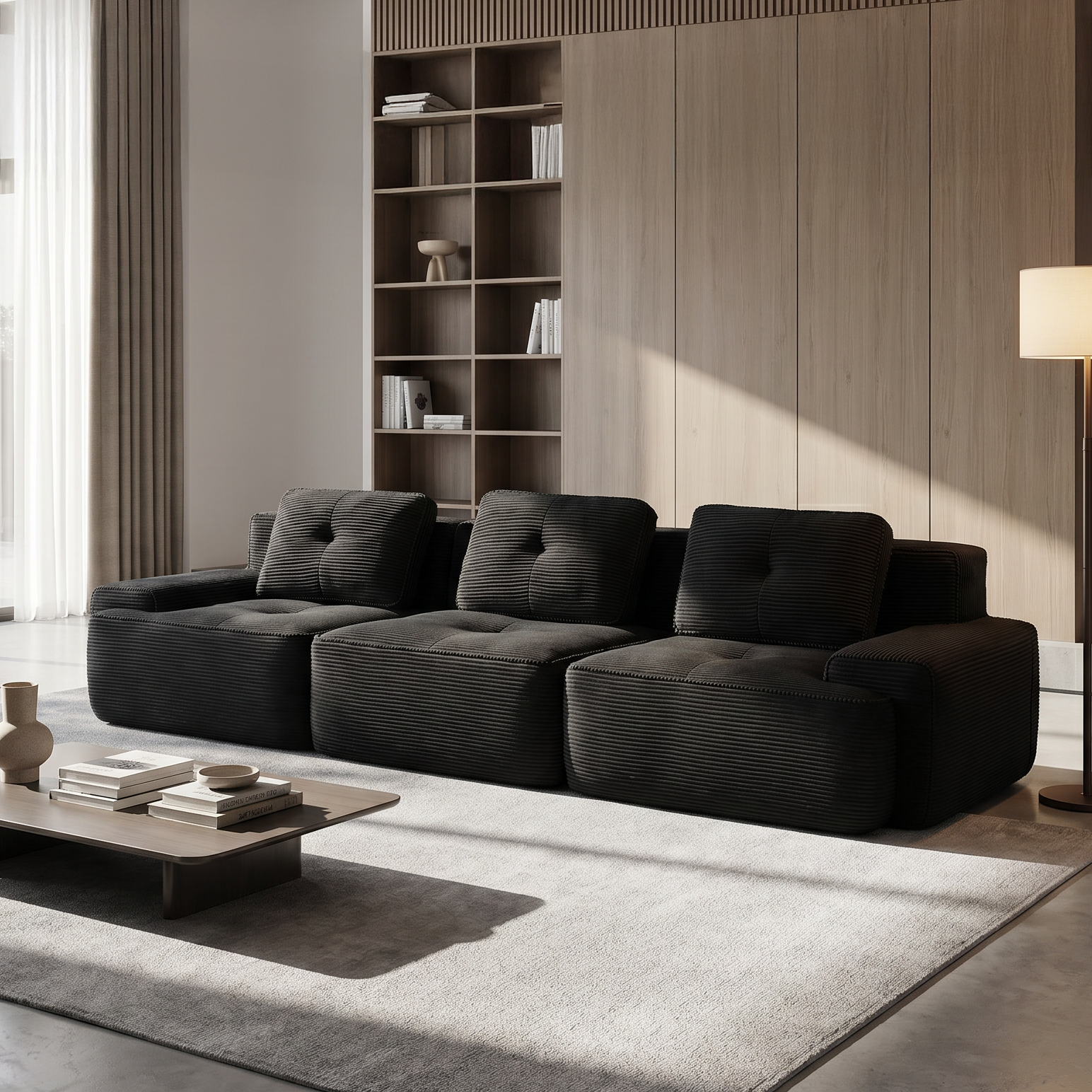 Racine black modular sofa showing angled living room view with modular ottomans