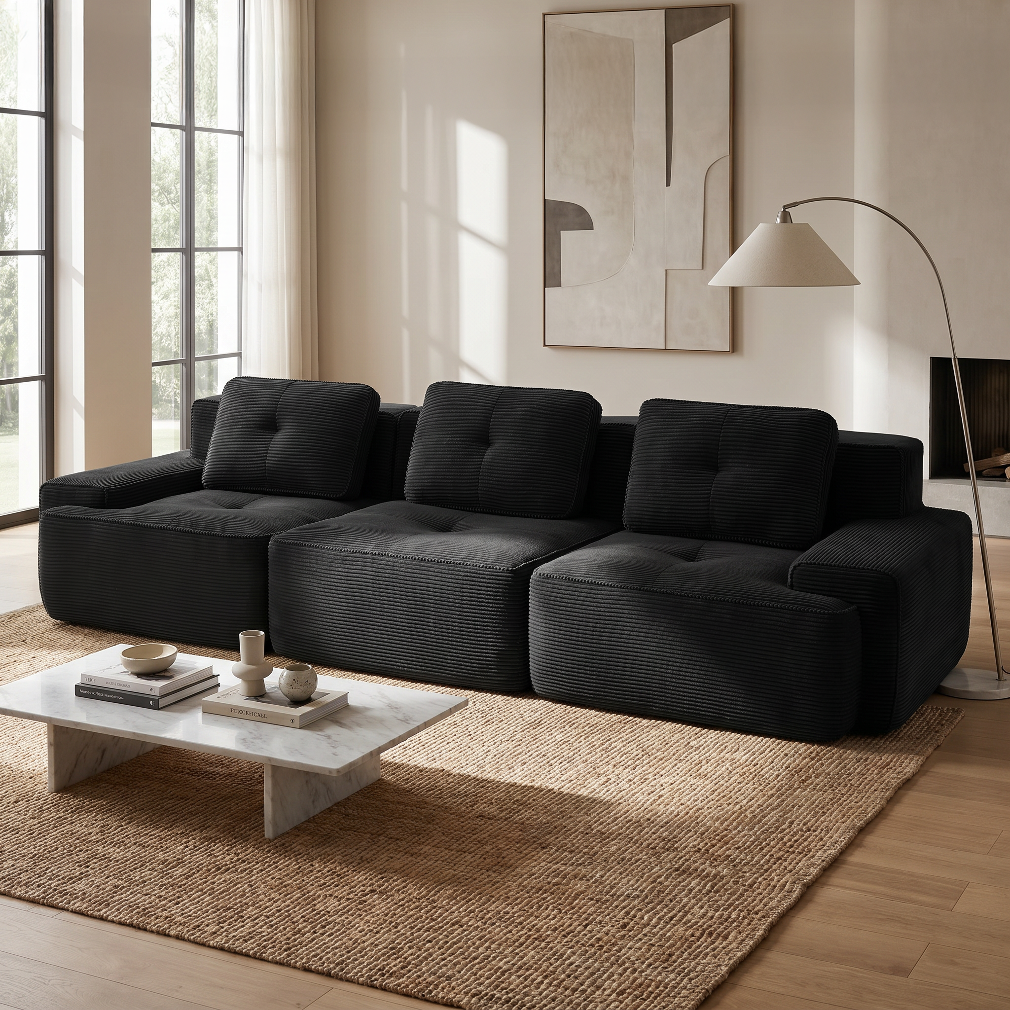 Racine black modular sofa showing angled living room view with modular ottomans