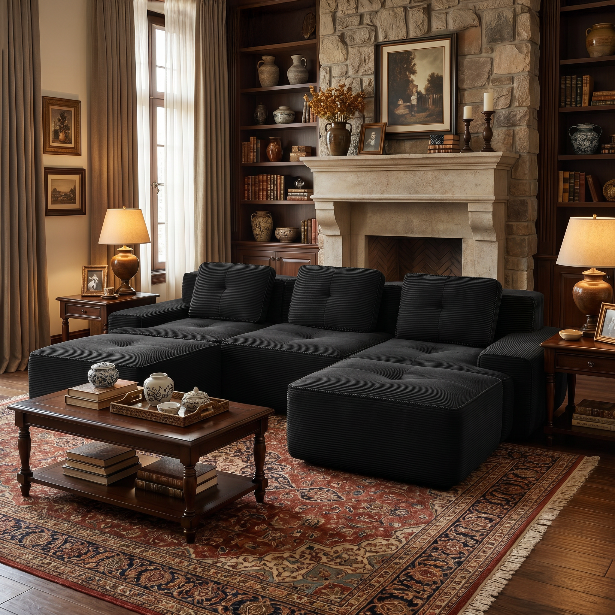 Racine black modular sofa showing angled living room view with modular ottomans