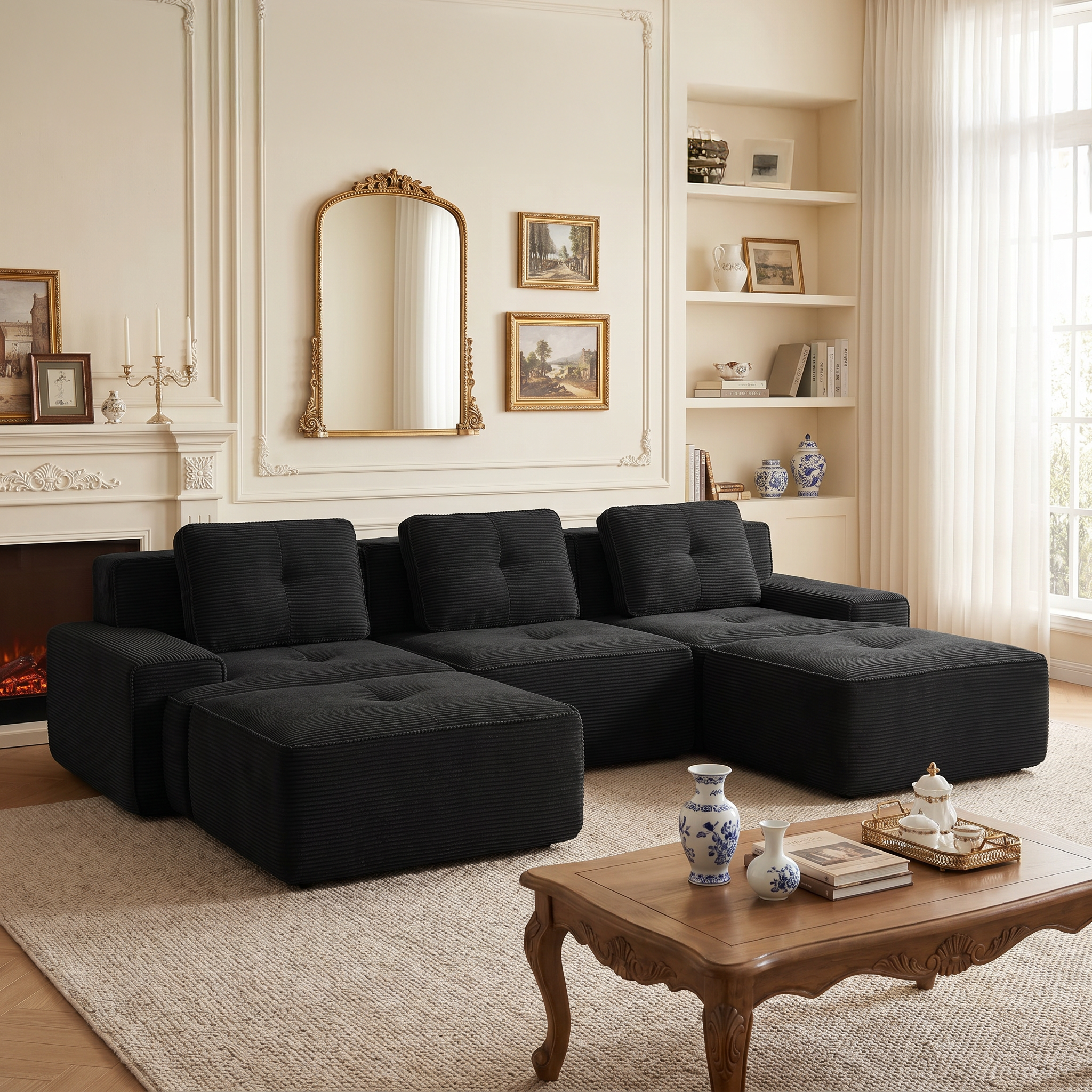 Racine black modular sofa showing angled living room view with modular ottomans