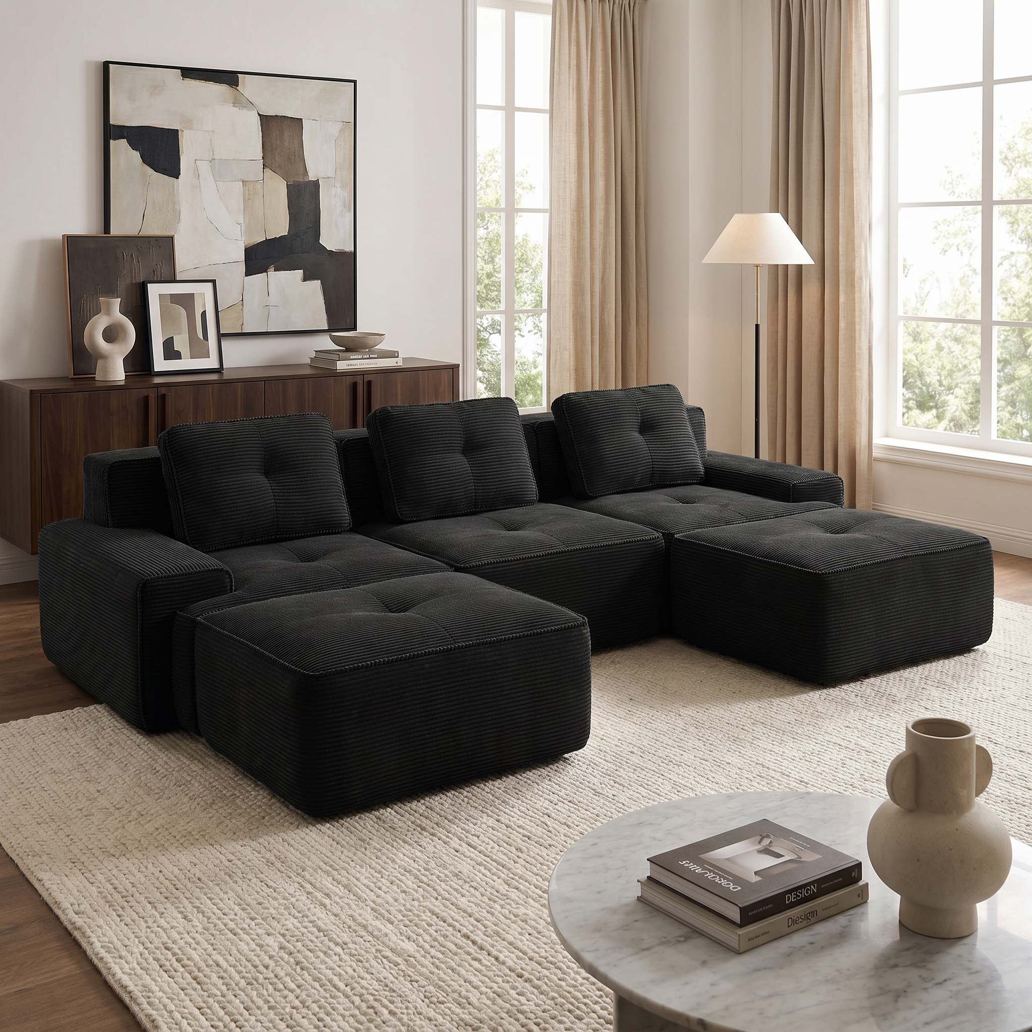 Racine 117" Modular Corduroy Fabric U-Shaped Sectional Sofa with Deep Seat and Movable Ottoman