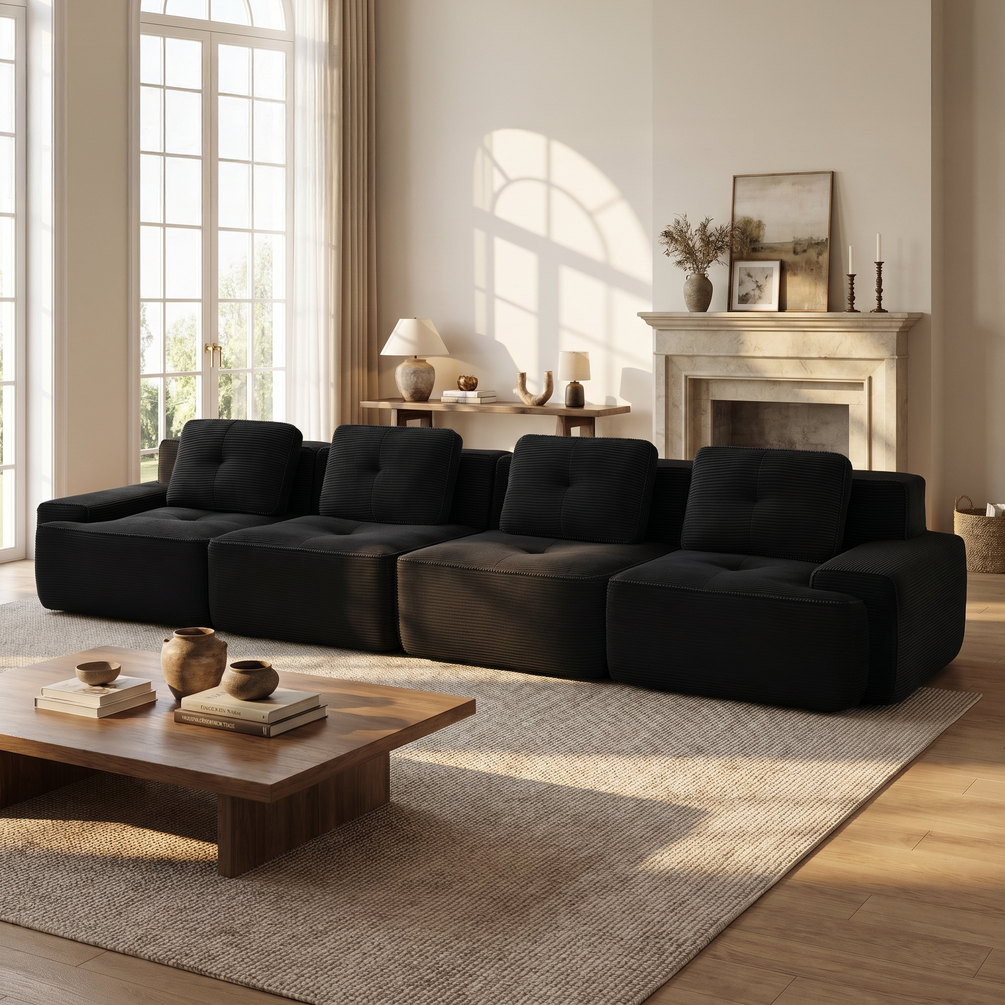 Racine black modular sofa showing cozy living room view with deep seating