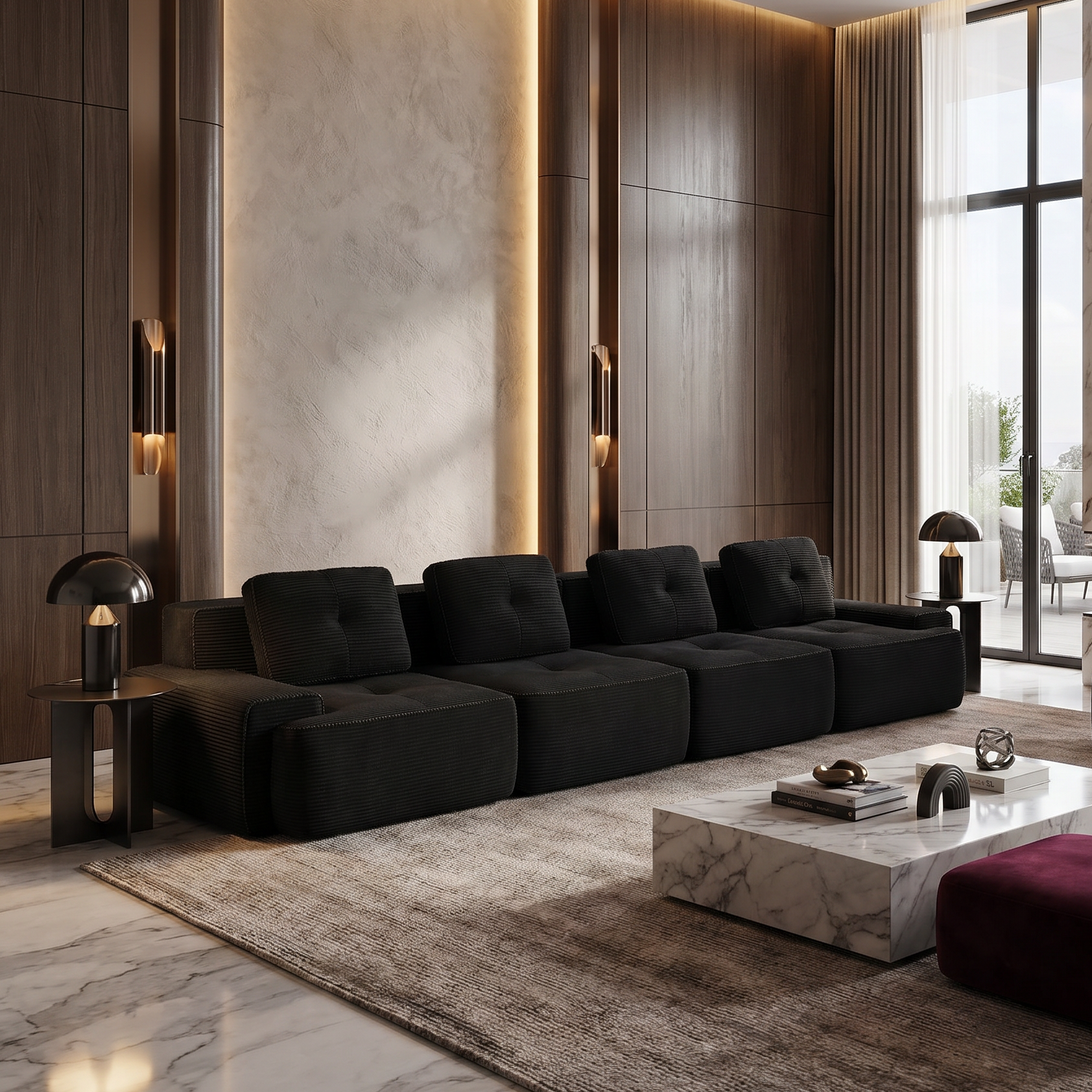 Racine black modular sofa showing modern dark living room setup