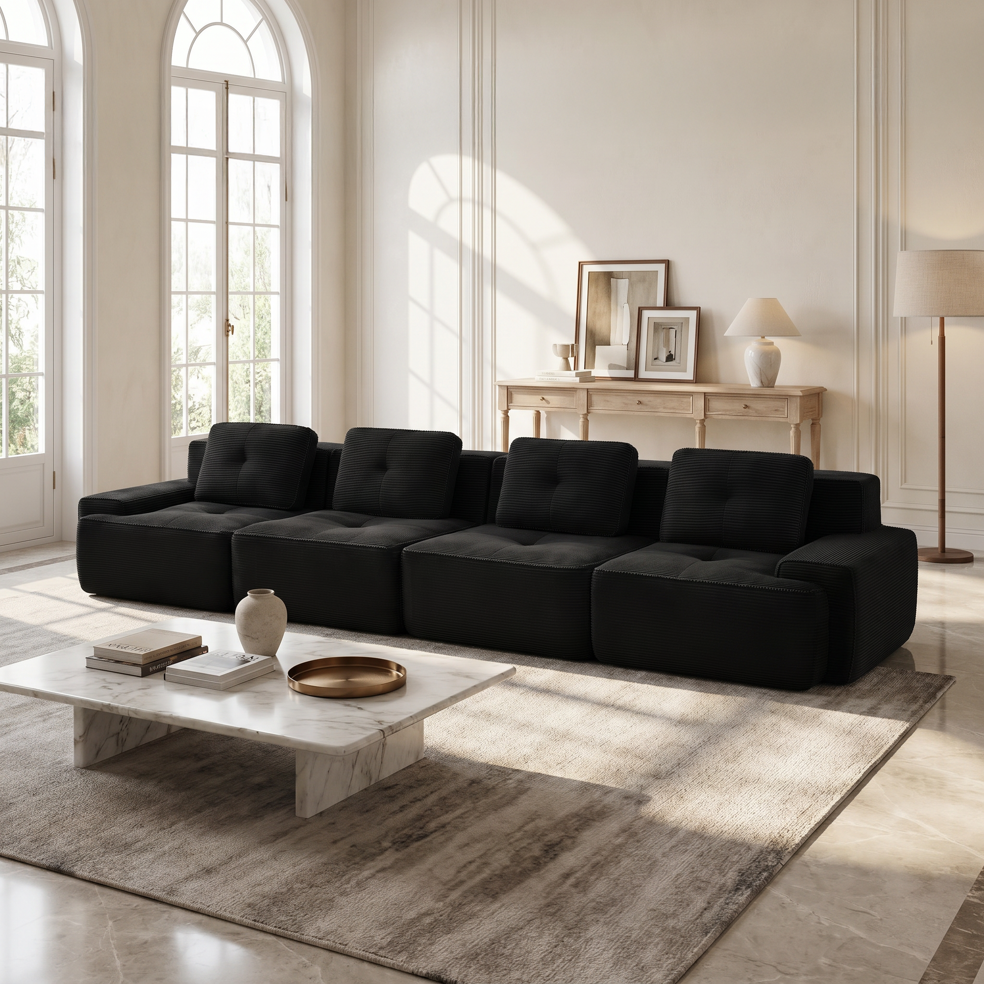 Racine black modular sofa showing bright neutral living room with corduroy upholstery