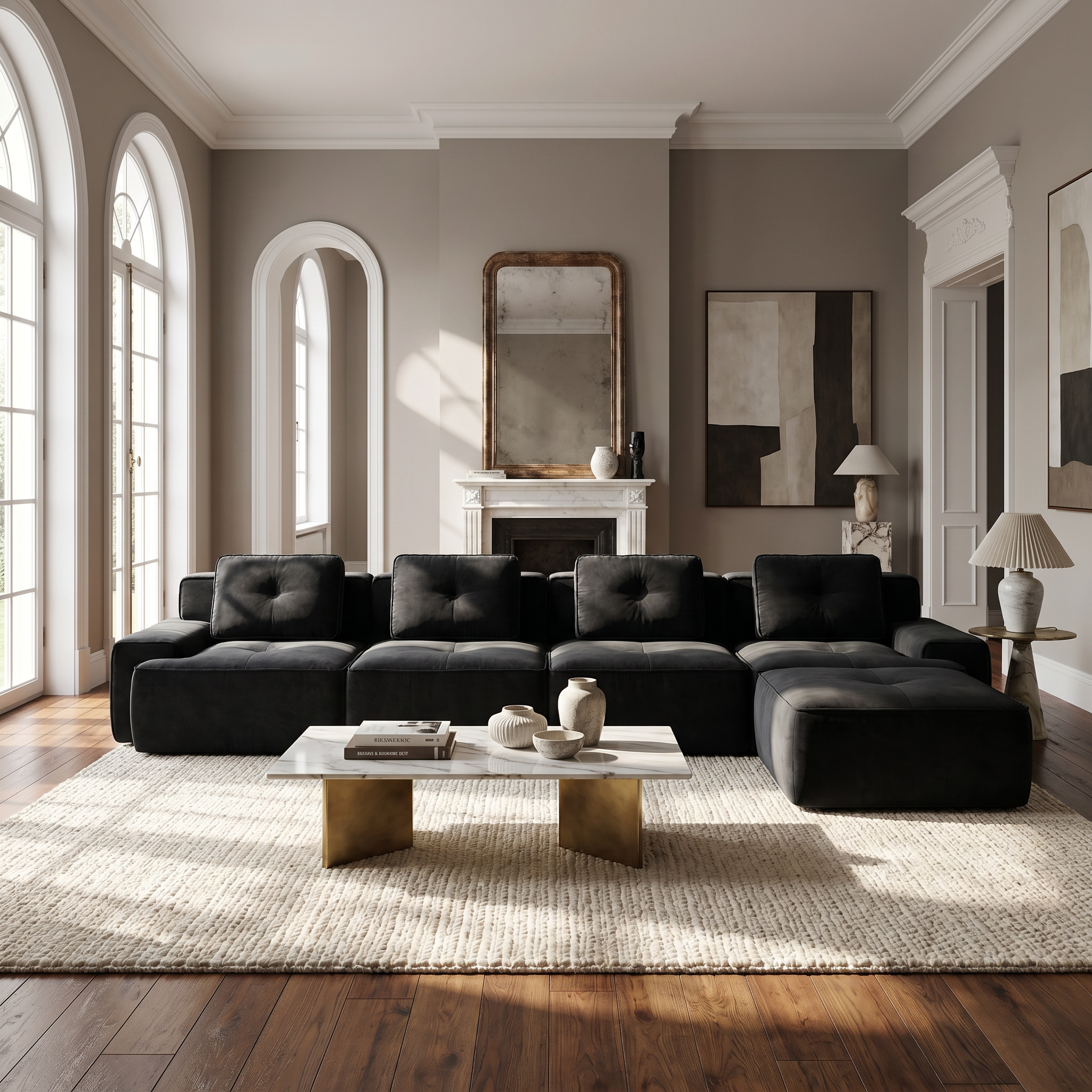 Racine black modular sofa showing front living room setup with movable ottoman