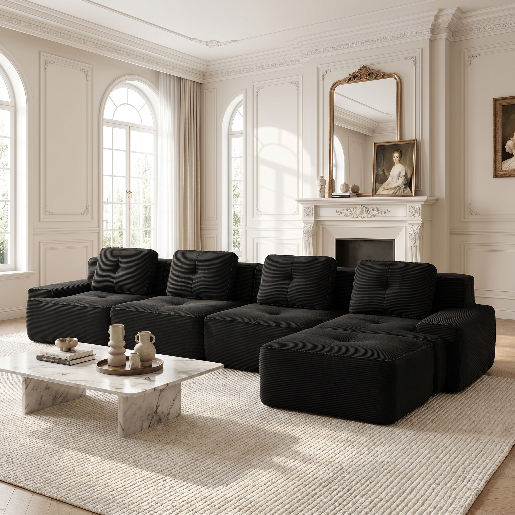 Racine black modular sofa showing elegant fireplace living room view with chaise ottoman