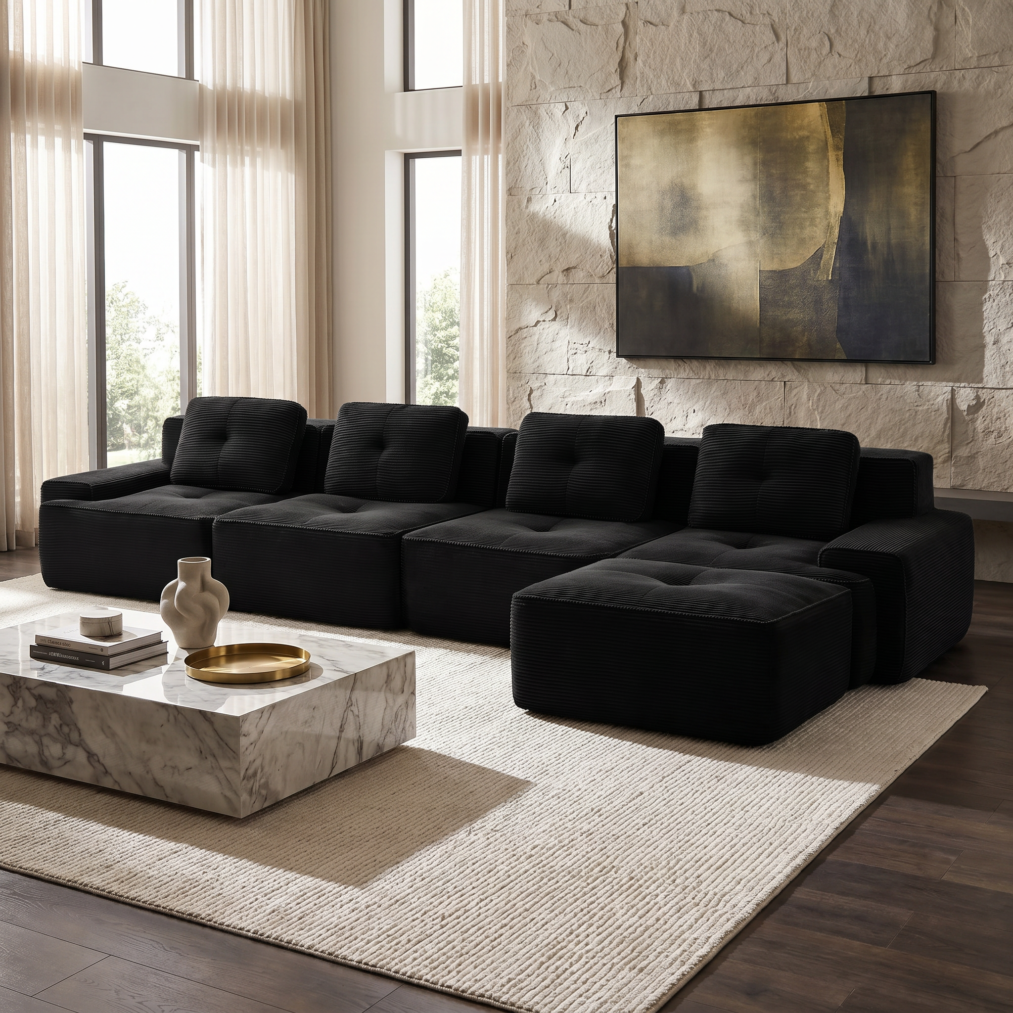 Racine black modular sofa showing modern living room scene with deep seating