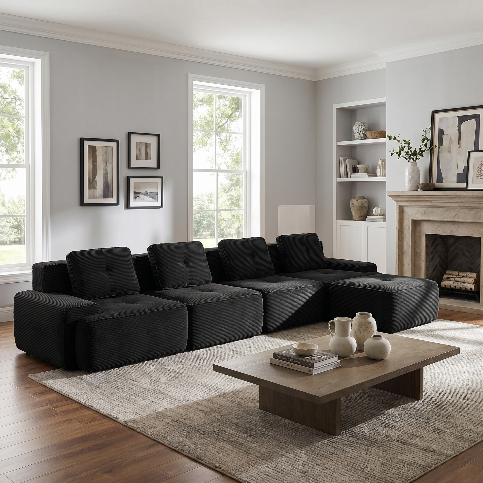 Racine black modular sofa showing bright neutral living room with L-shaped layout