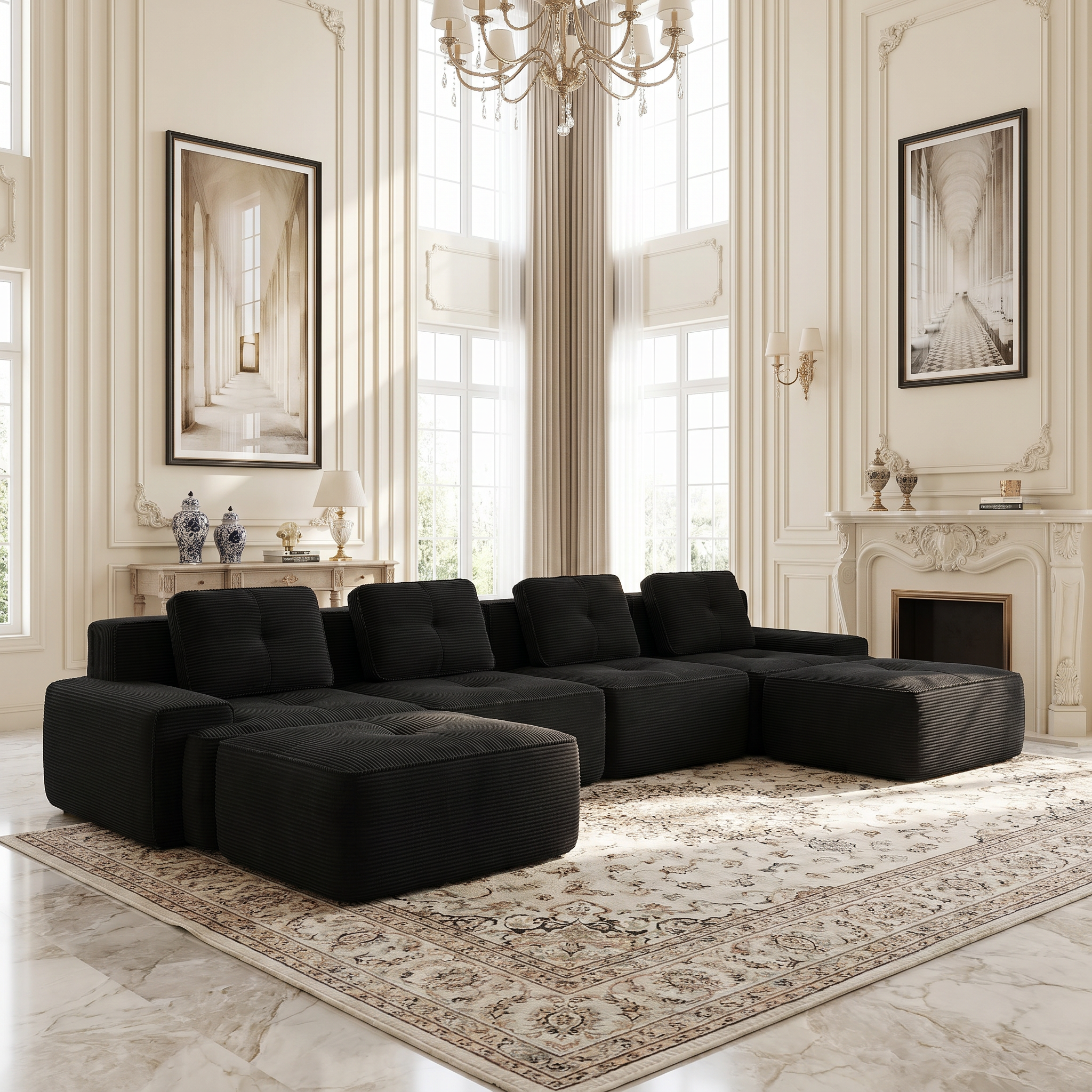 Racine black modular sofa showing elegant living room view with U-shaped layout