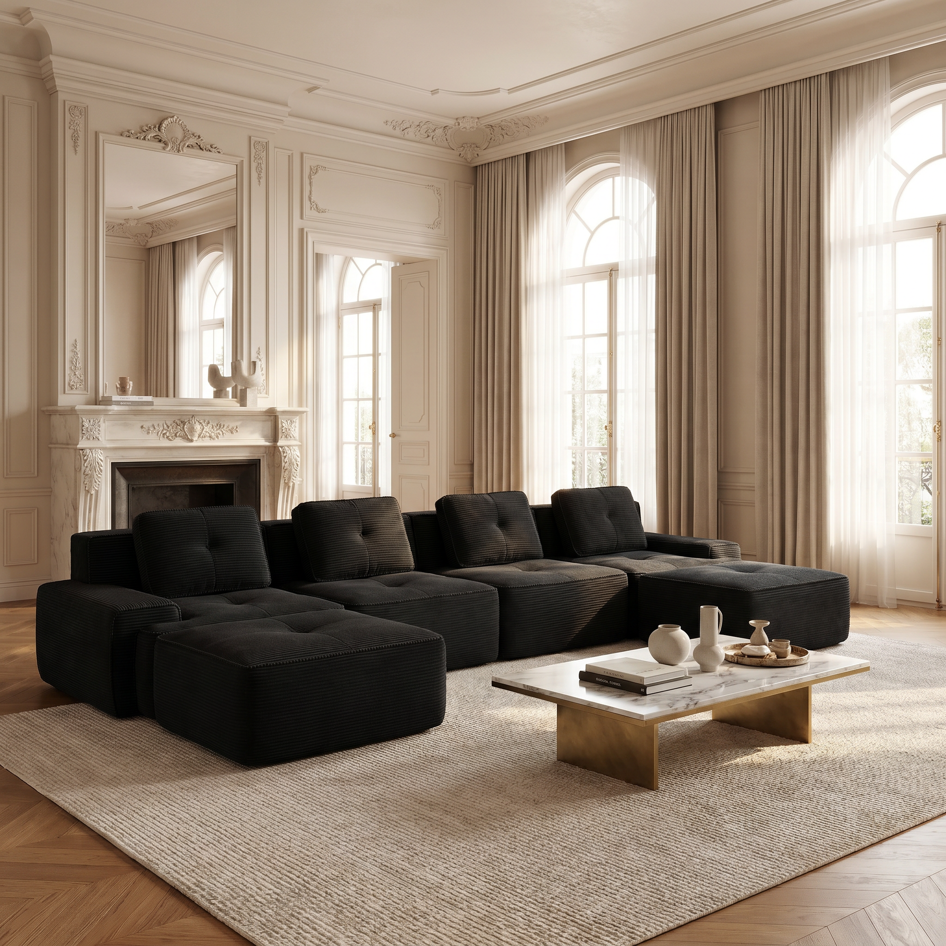 Racine black modular sofa showing bright classic living room scene with deep seating
