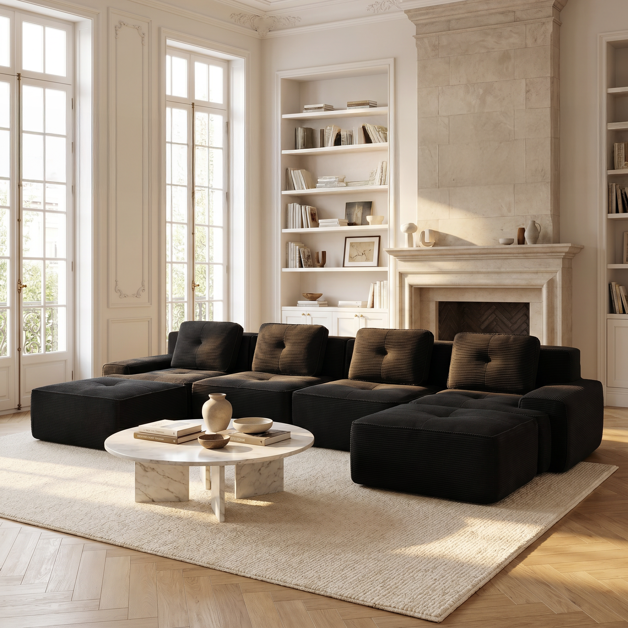 Racine black modular sofa showing modern neutral living room with two ottomans