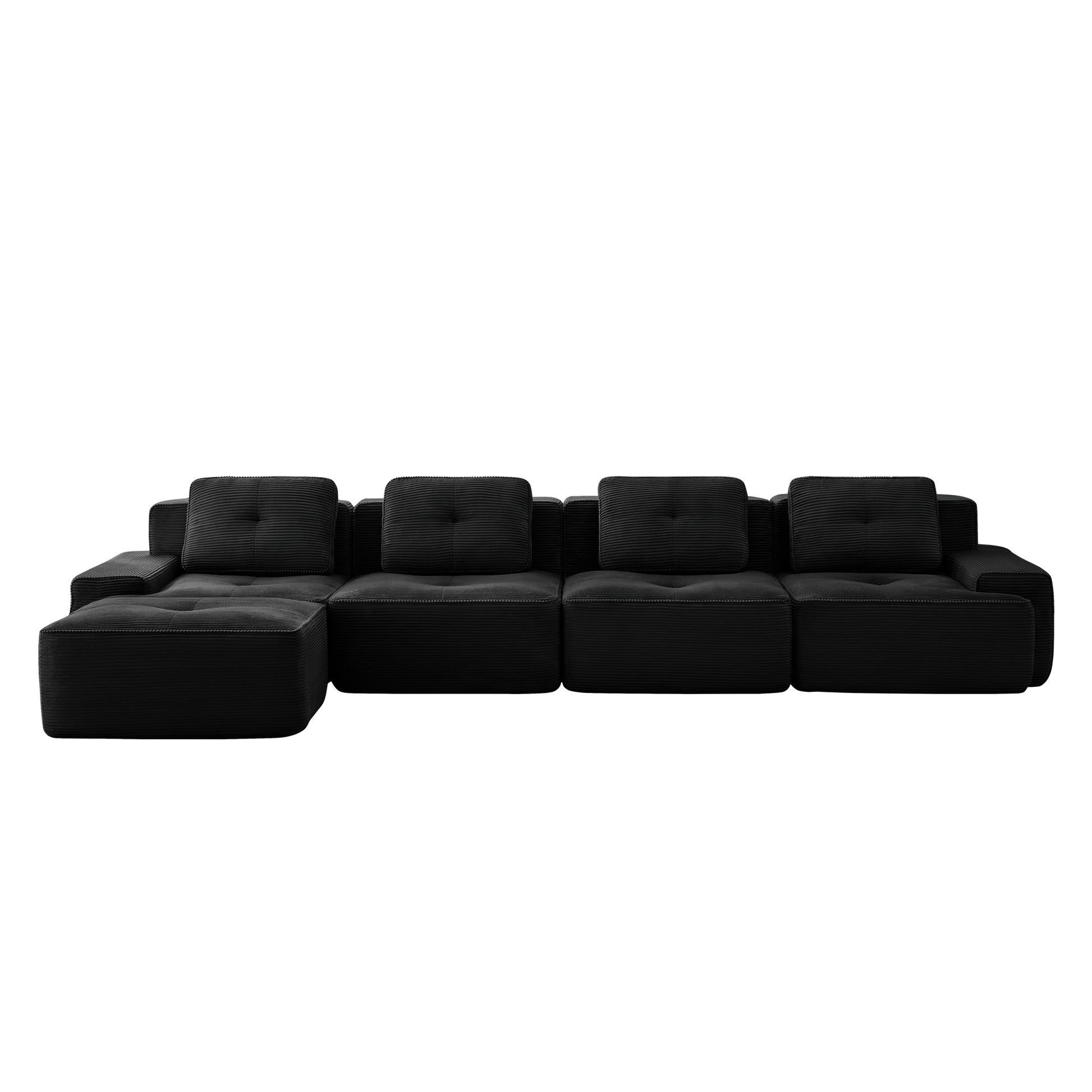 Racine black modular sofa showing front white background product view with ottoman