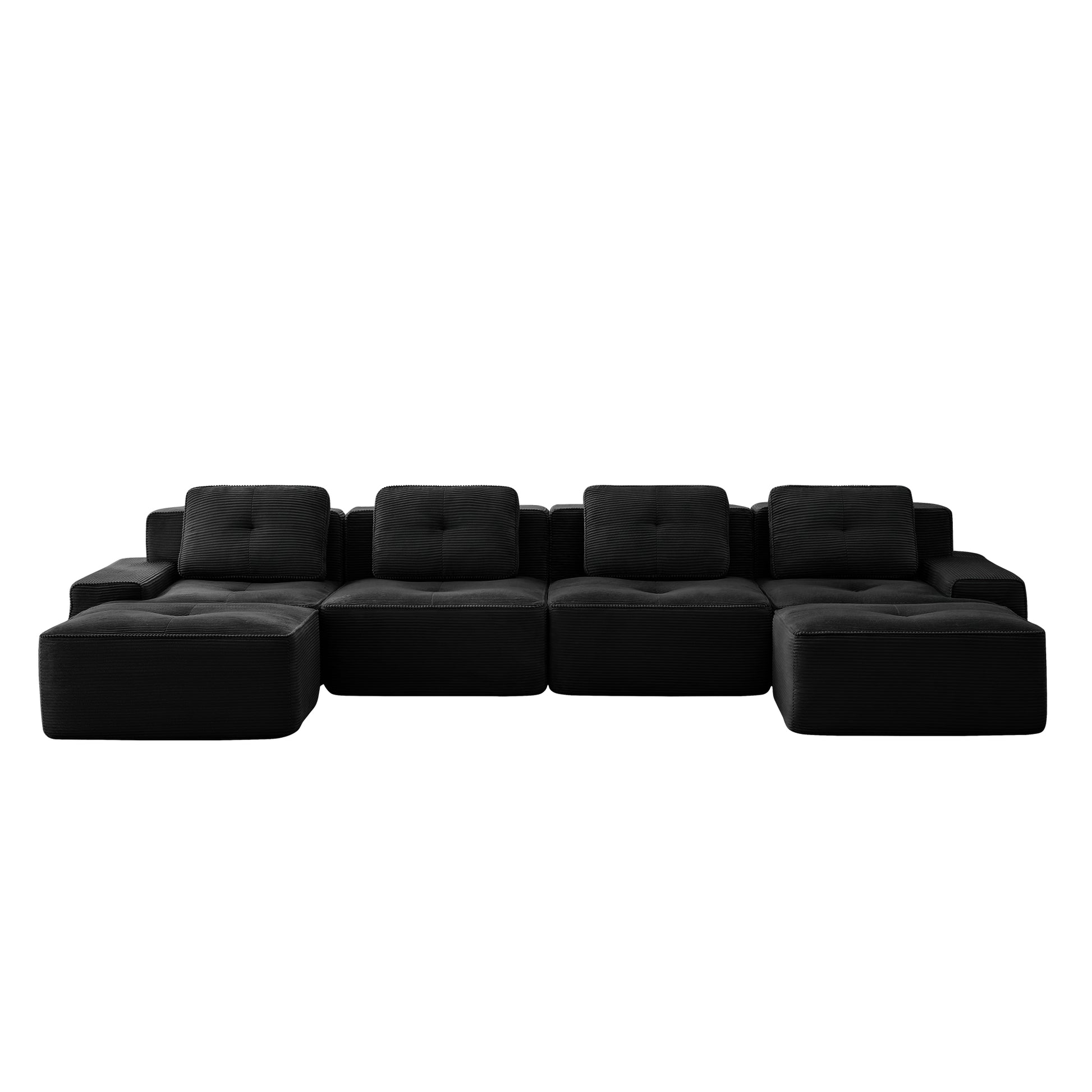 Racine black modular sofa showing front white background product view with two ottomans