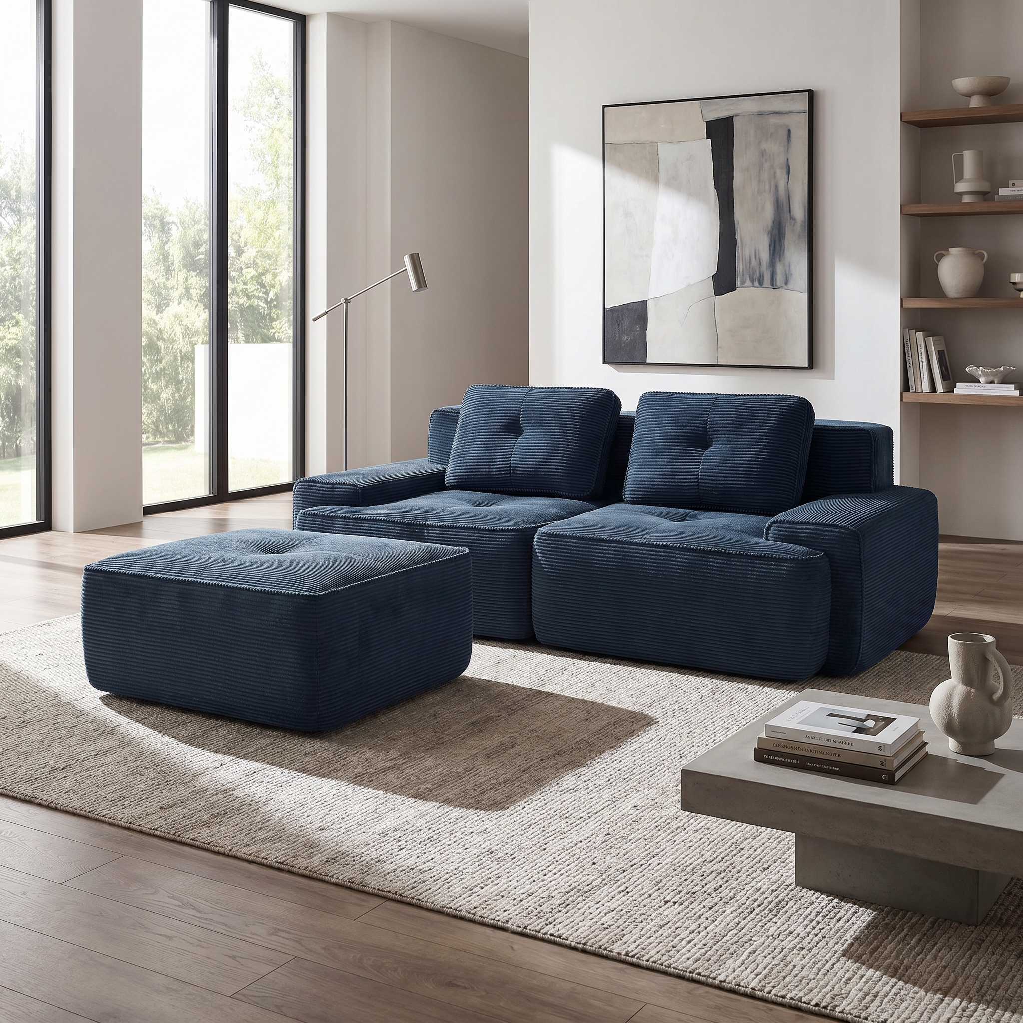 Racine blue modular sofa showing modern living room scene with two movable ottomans