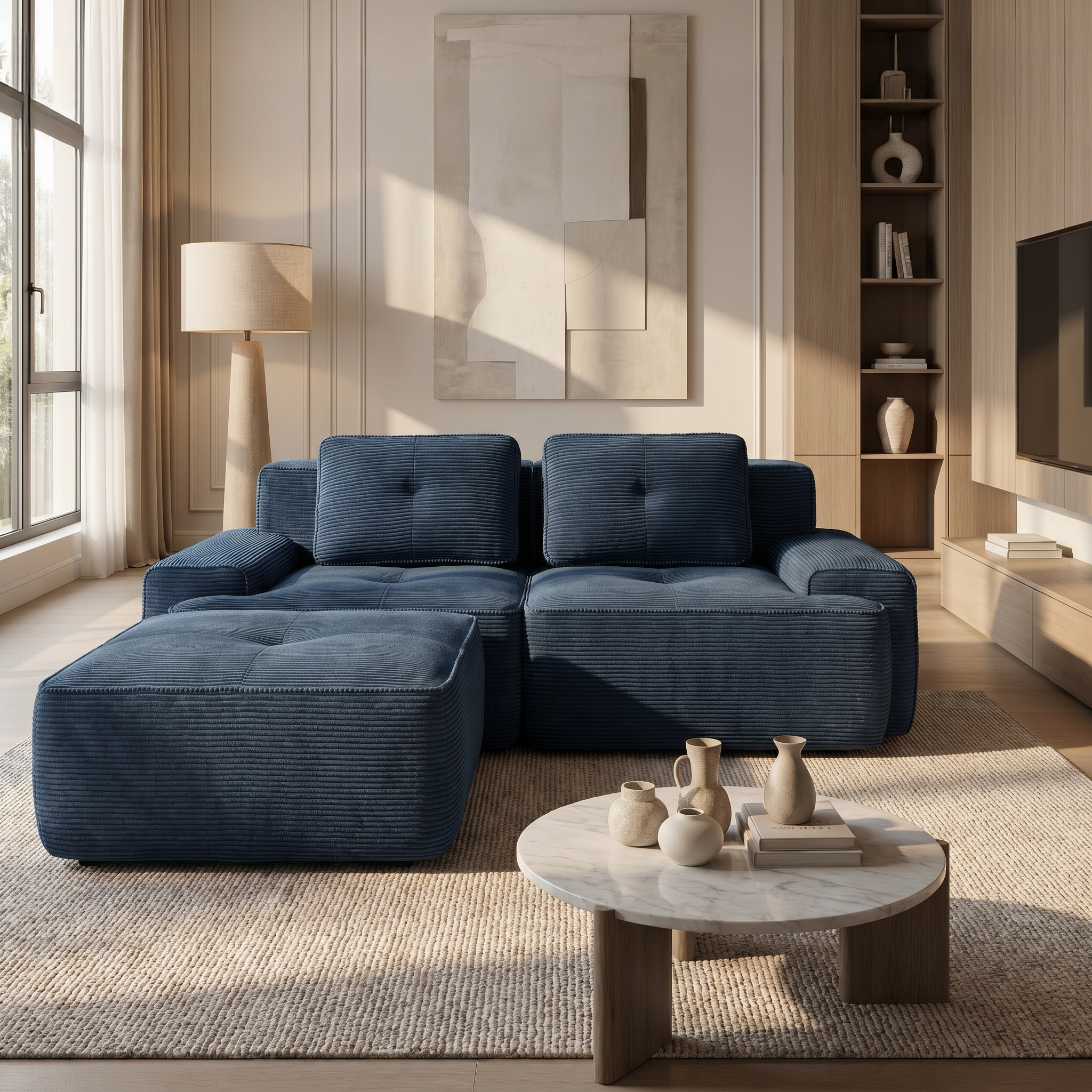 Racine blue modular sofa showing modern living room scene with two movable ottomans