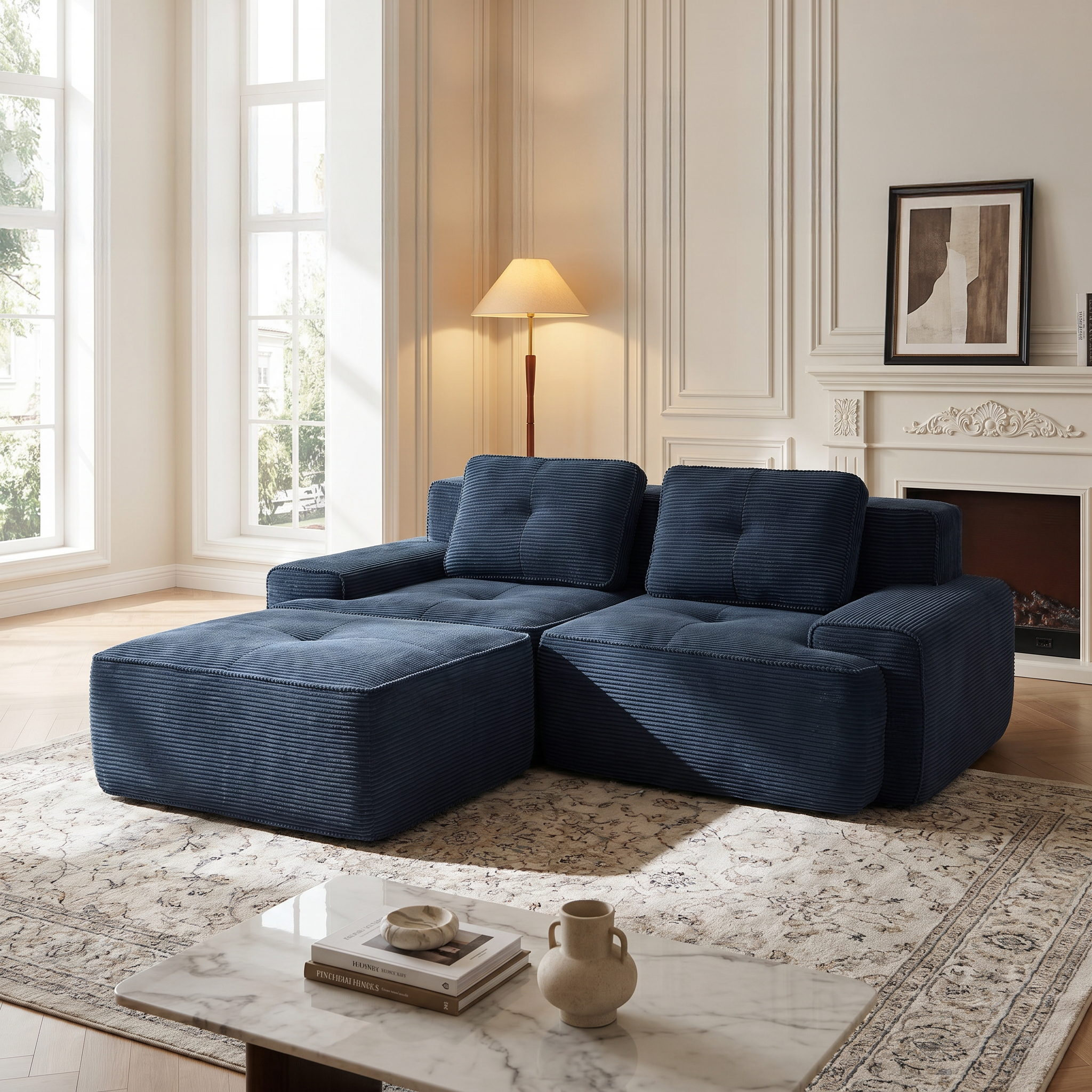 Racine blue modular sofa showing modern living room scene with two movable ottomans