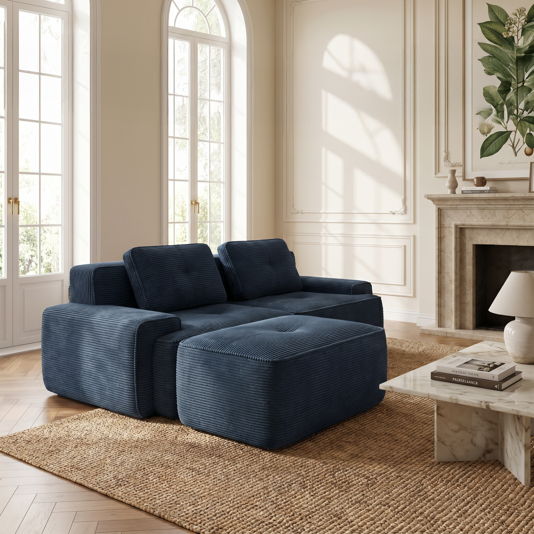 Racine blue modular sofa showing modern living room scene with two movable ottomans