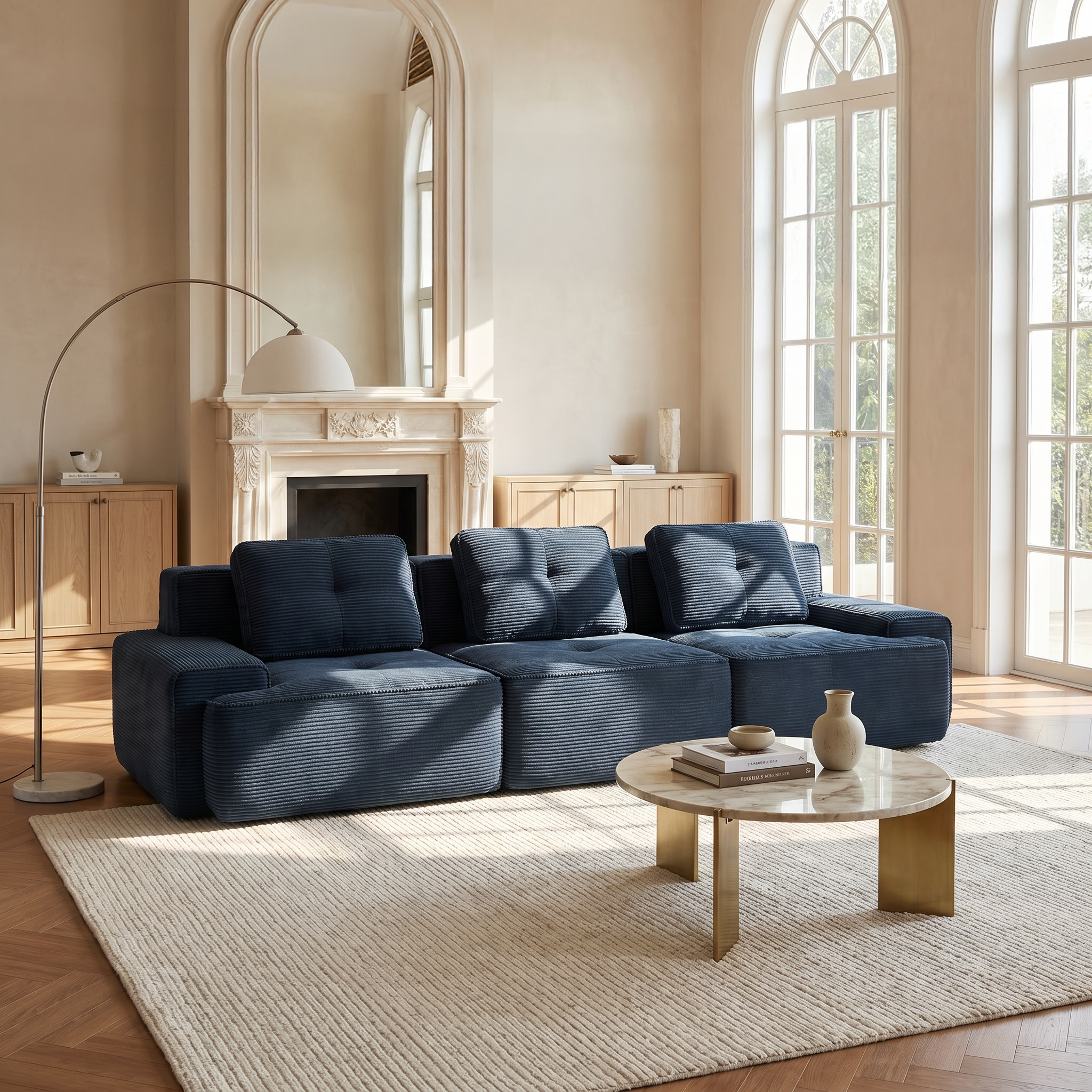 Racine blue modular sofa showing modern living room scene