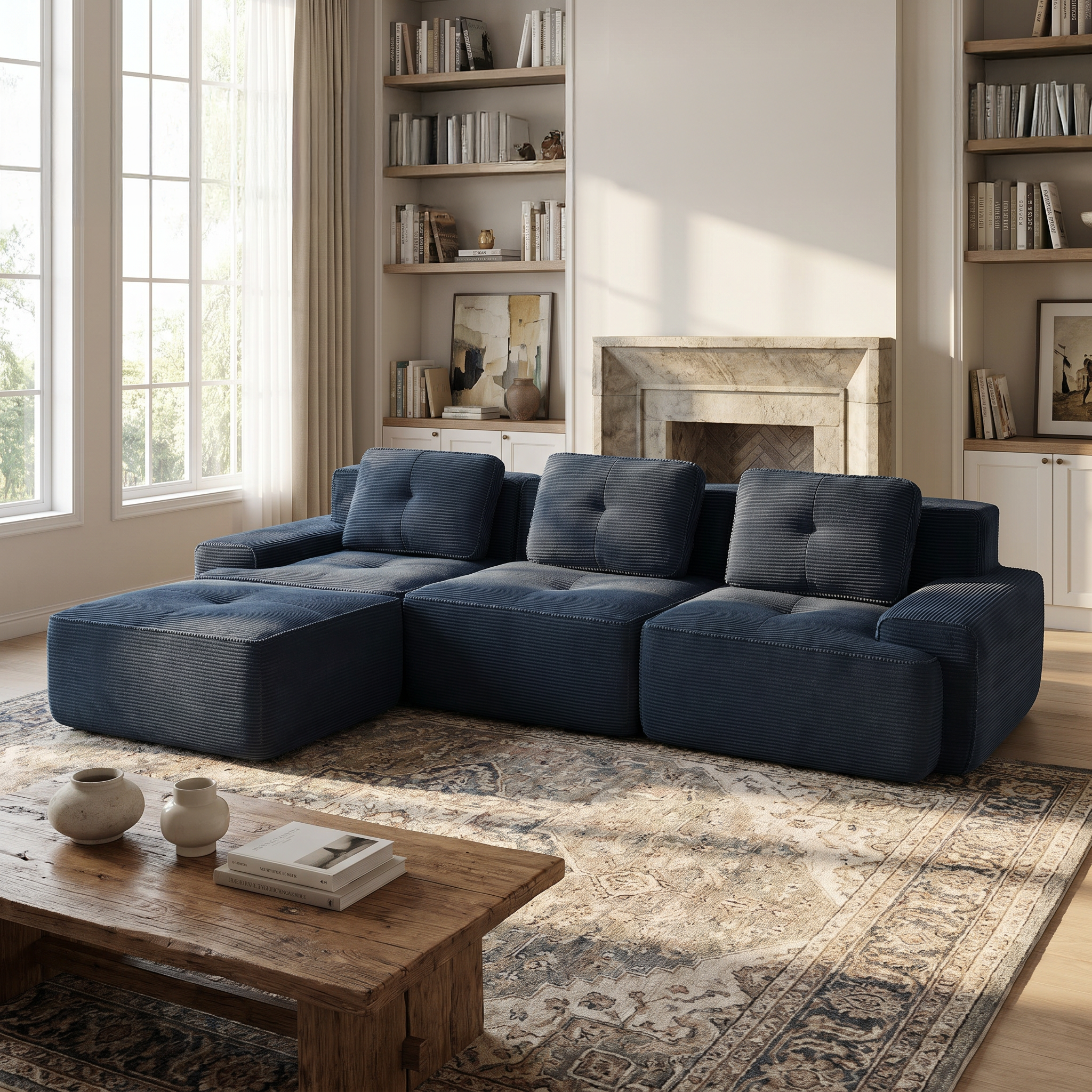 Racine blue modular sofa showing modern living room scene