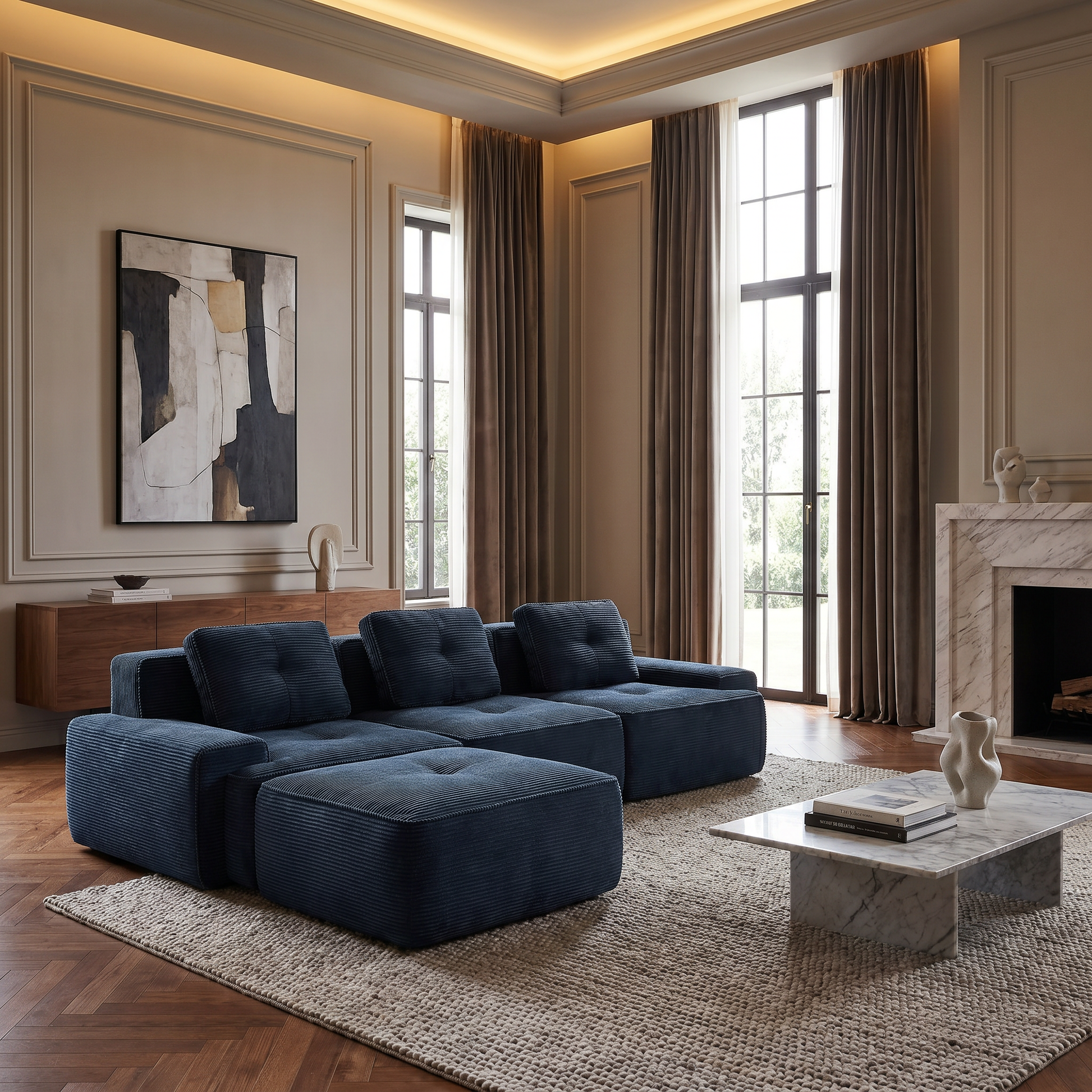Racine blue modular sofa showing modern living room scene