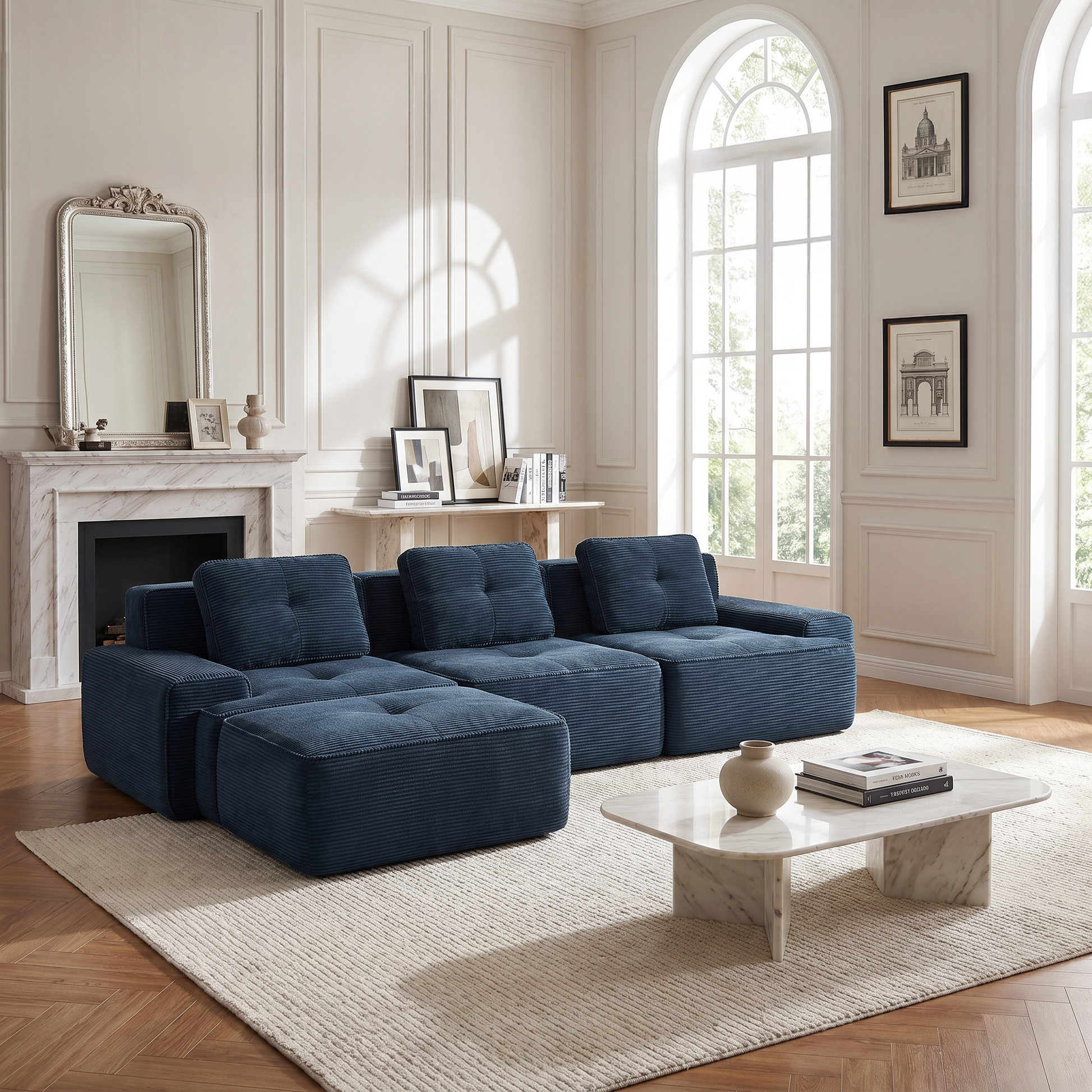 Racine blue modular sofa showing modern living room scene