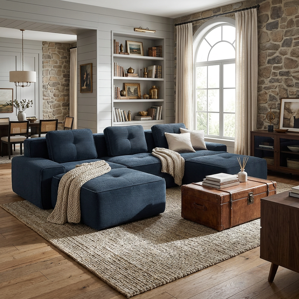 Racine blue modular sofa showing modern living room scene