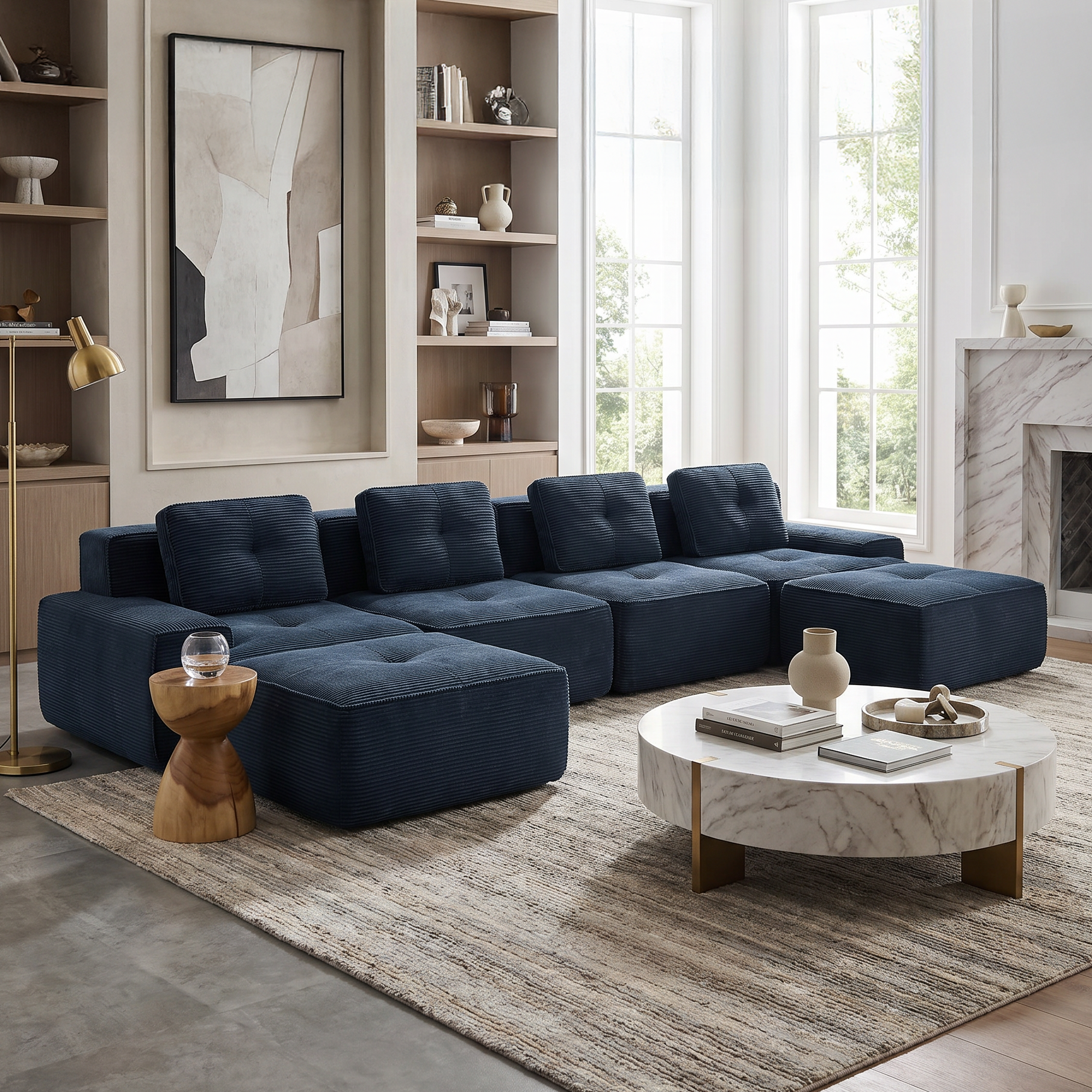 Racine blue modular sofa showing modern dark-toned living room scene