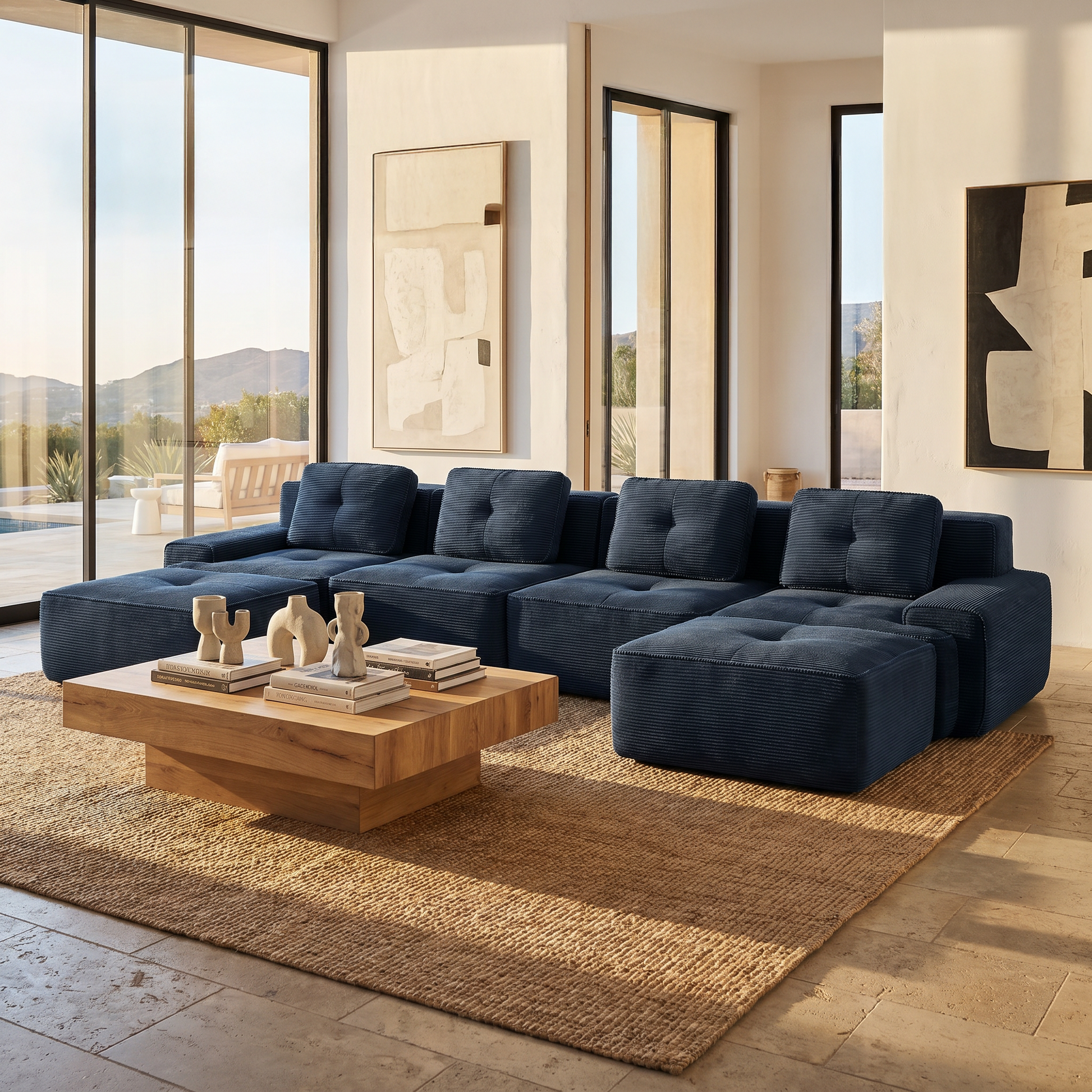 Racine blue modular sofa showing bright neutral living room with corduroy upholstery
