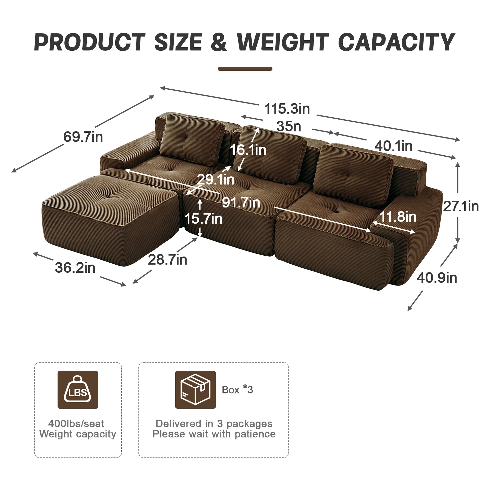 Racine brown modular sofa showing product size and weight capacity dimensions