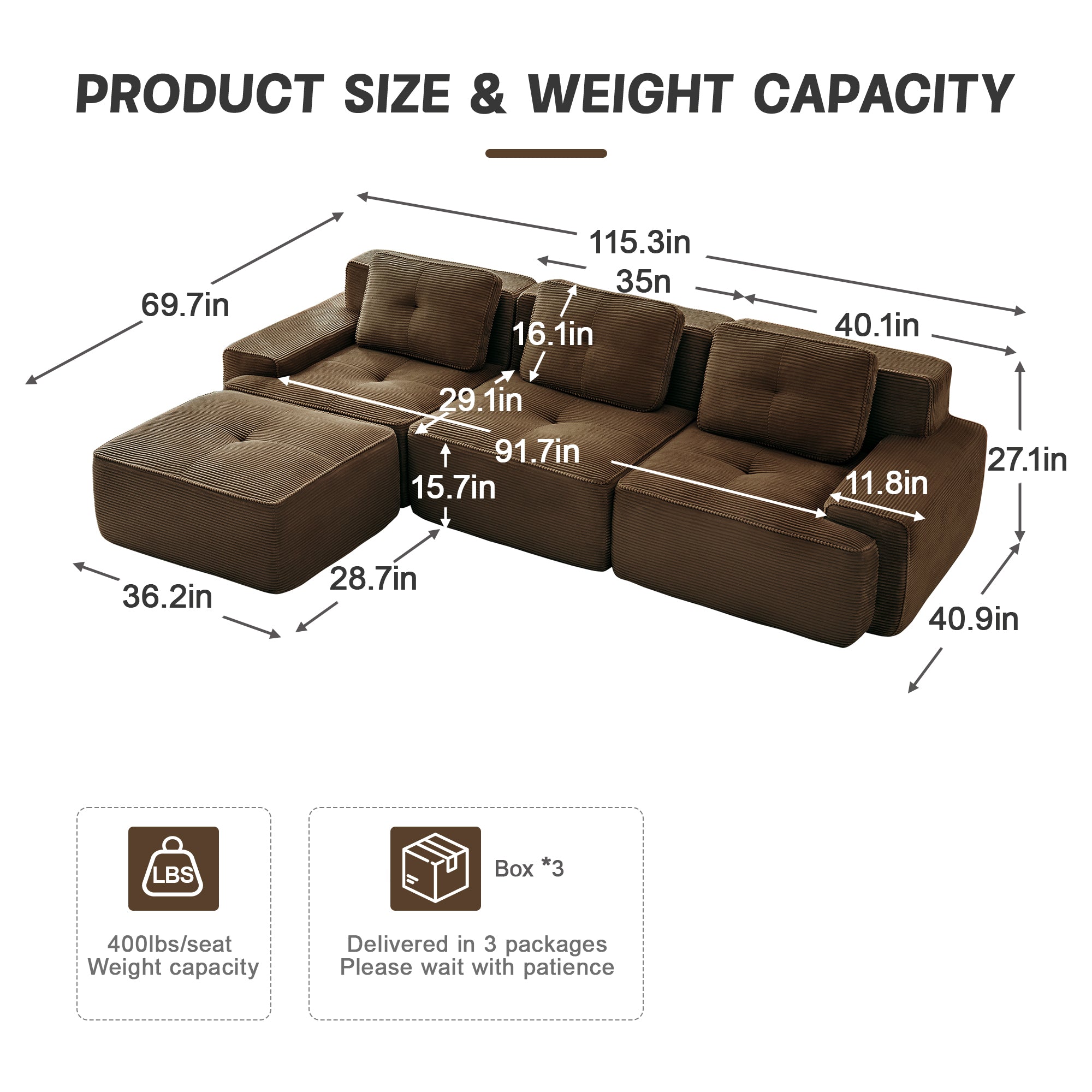 Racine brown modular sofa showing product size and weight capacity dimensions