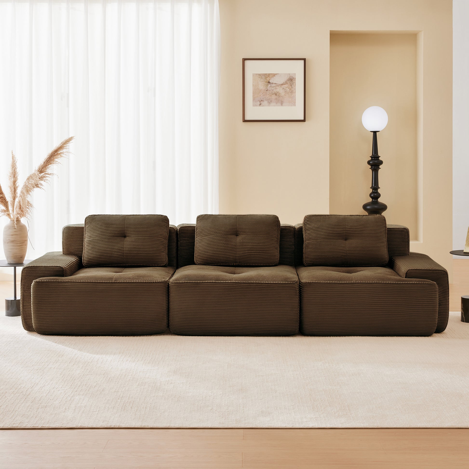 Racine brown modular sofa showing front living room setup with corduroy upholstery