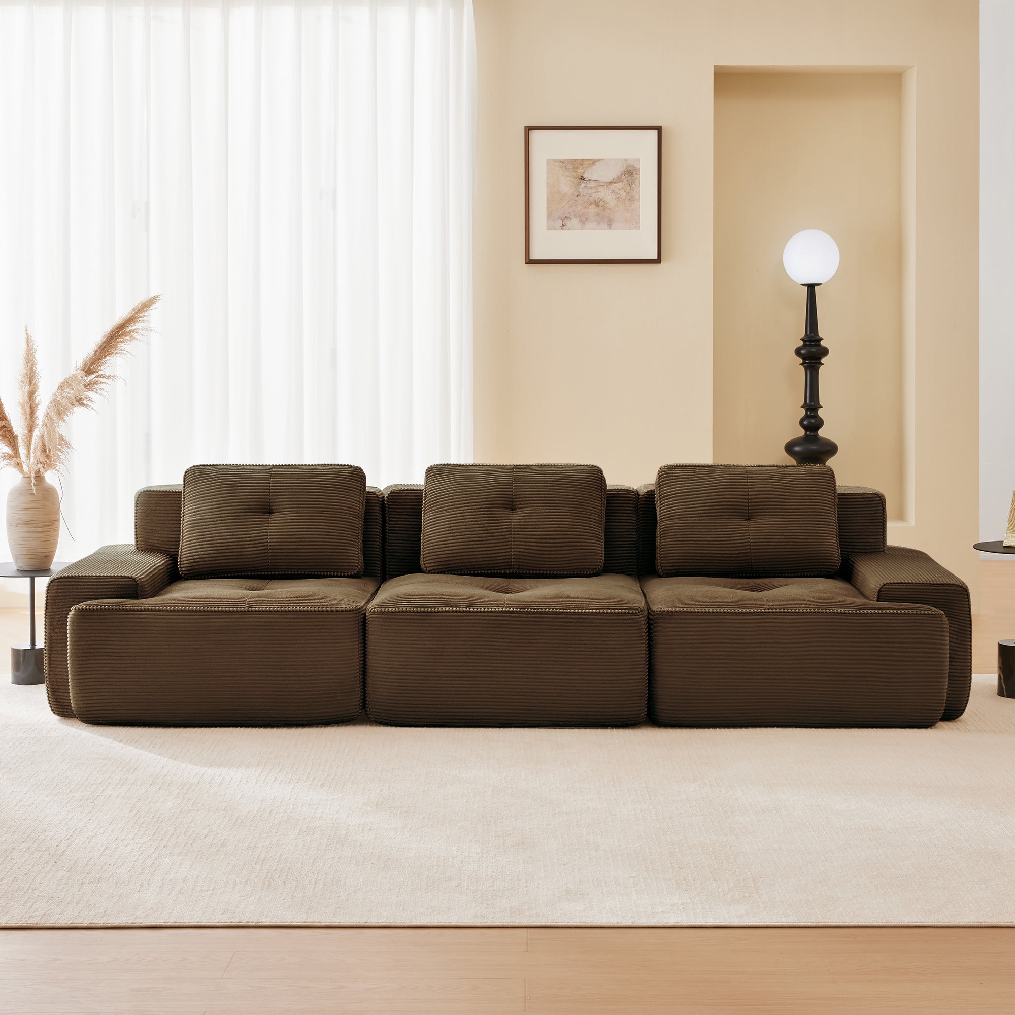 Racine brown modular sofa showing front living room setup with corduroy upholstery