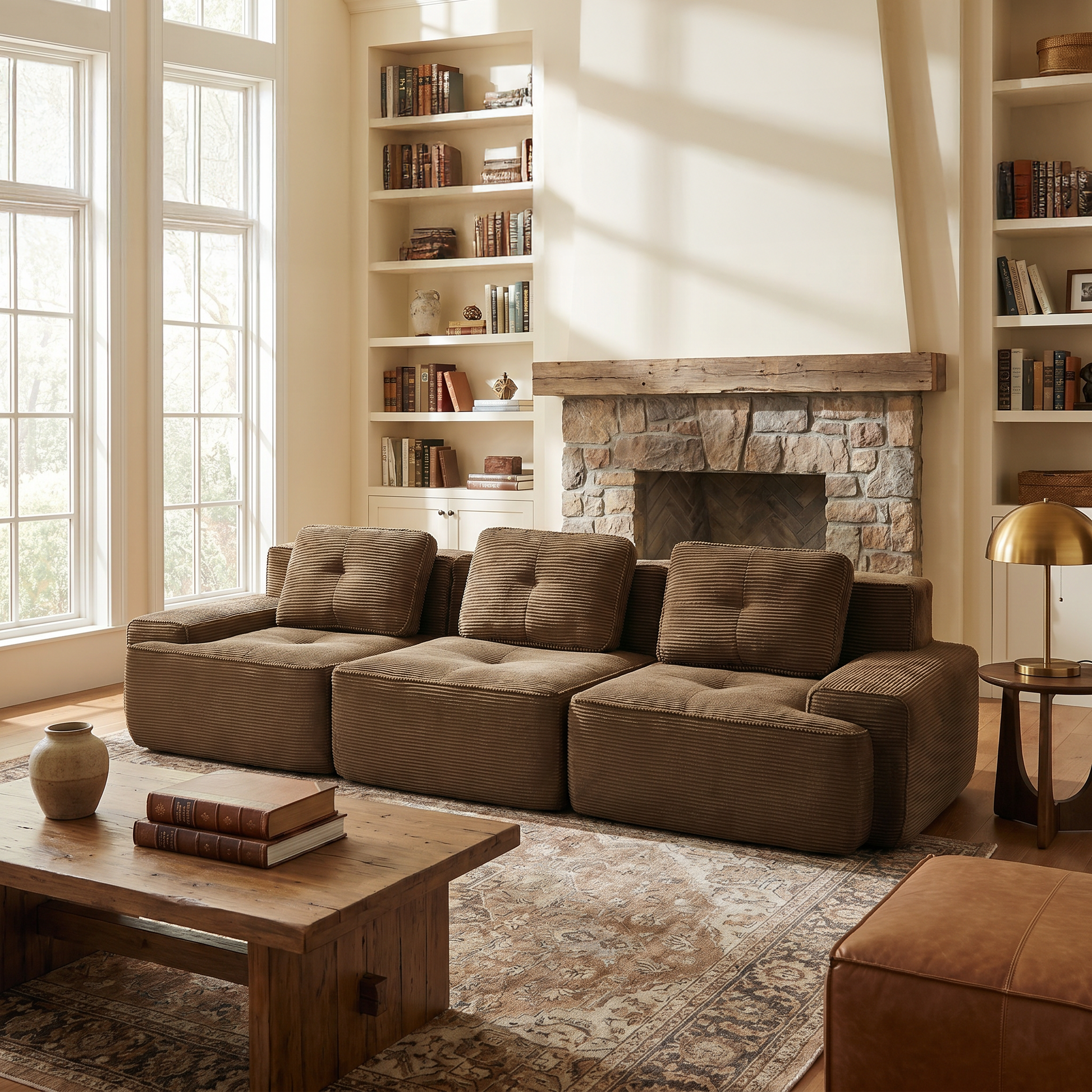 Racine brown modular sofa showing angled living room view with deep seats