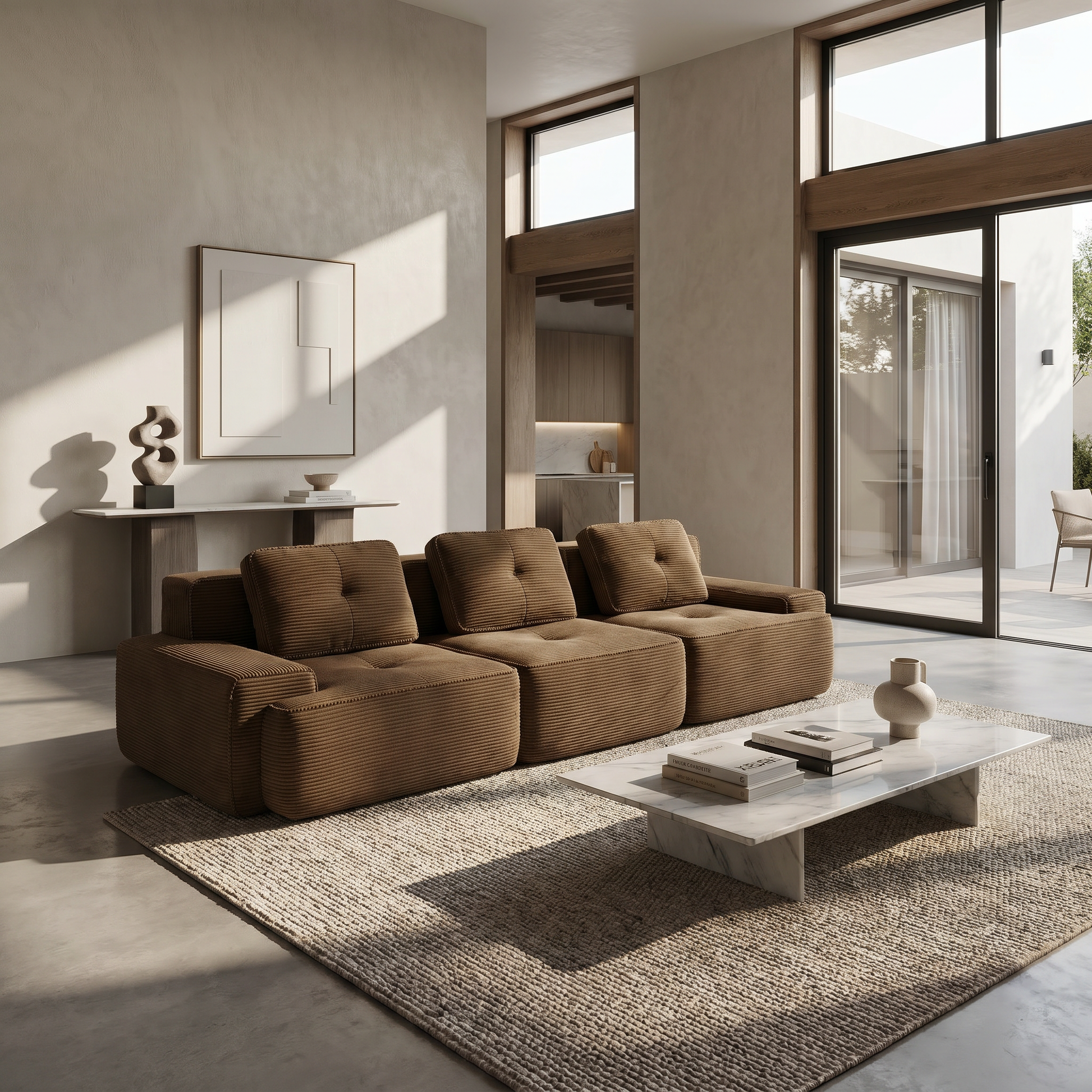 Racine brown modular sofa showing angled living room view with deep seats