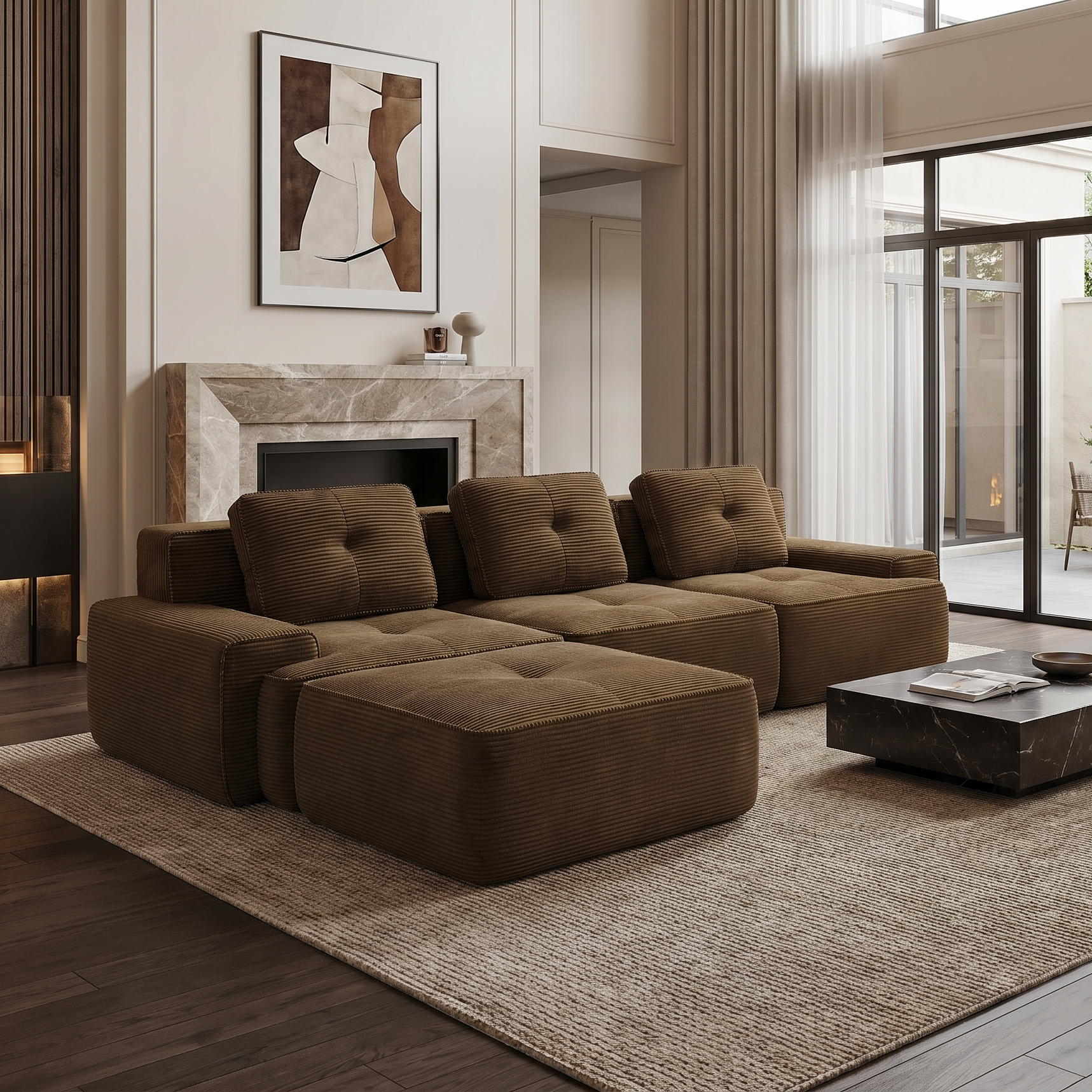 Racine brown modular sofa showing cozy living room setup with movable ottoman