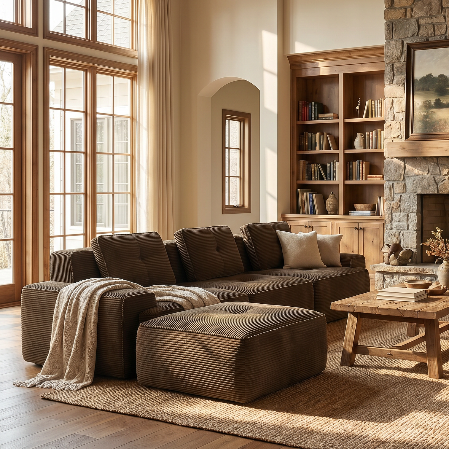 Racine brown modular sofa showing cozy living room setup with movable ottoman