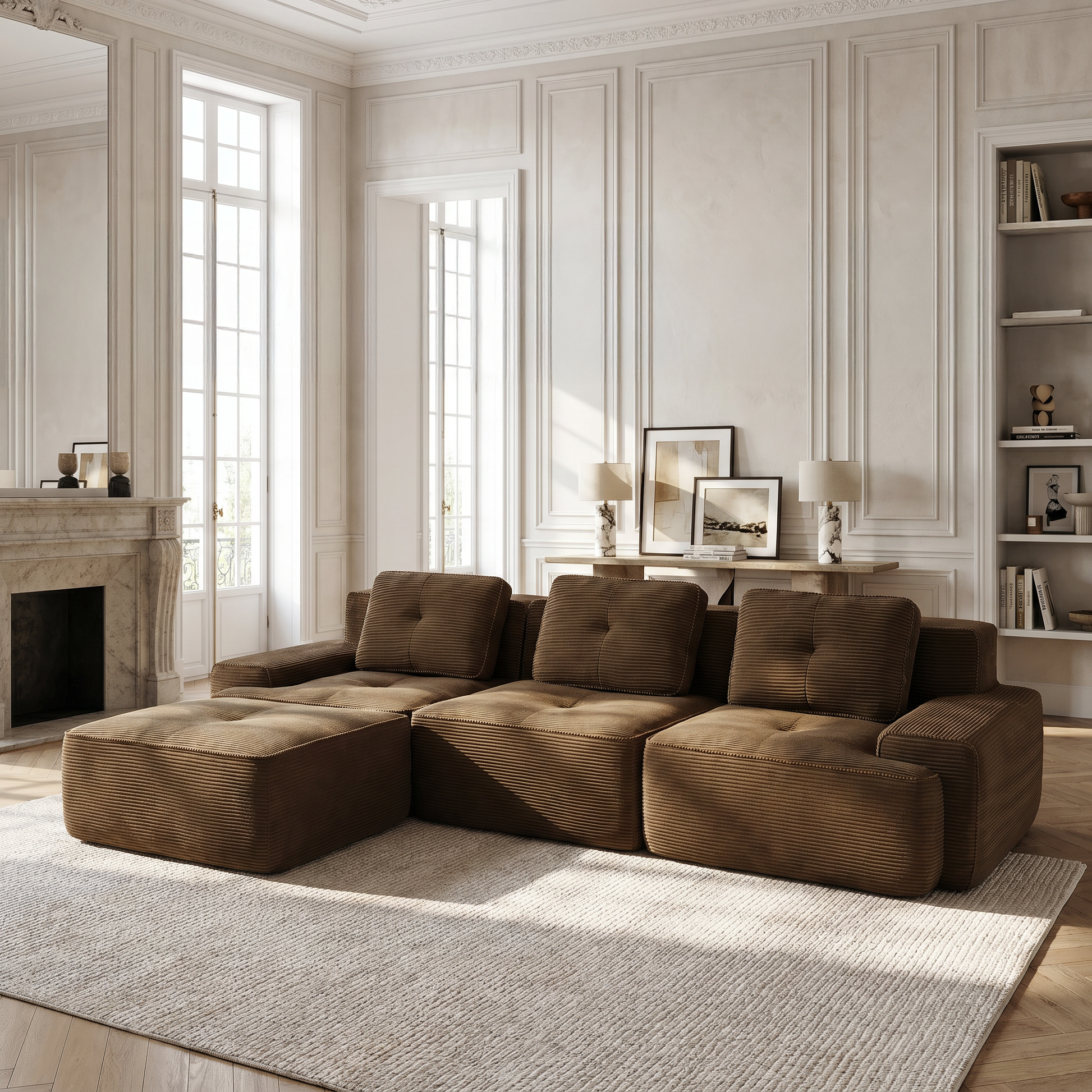 Racine brown modular sofa showing cozy living room setup with movable ottoman