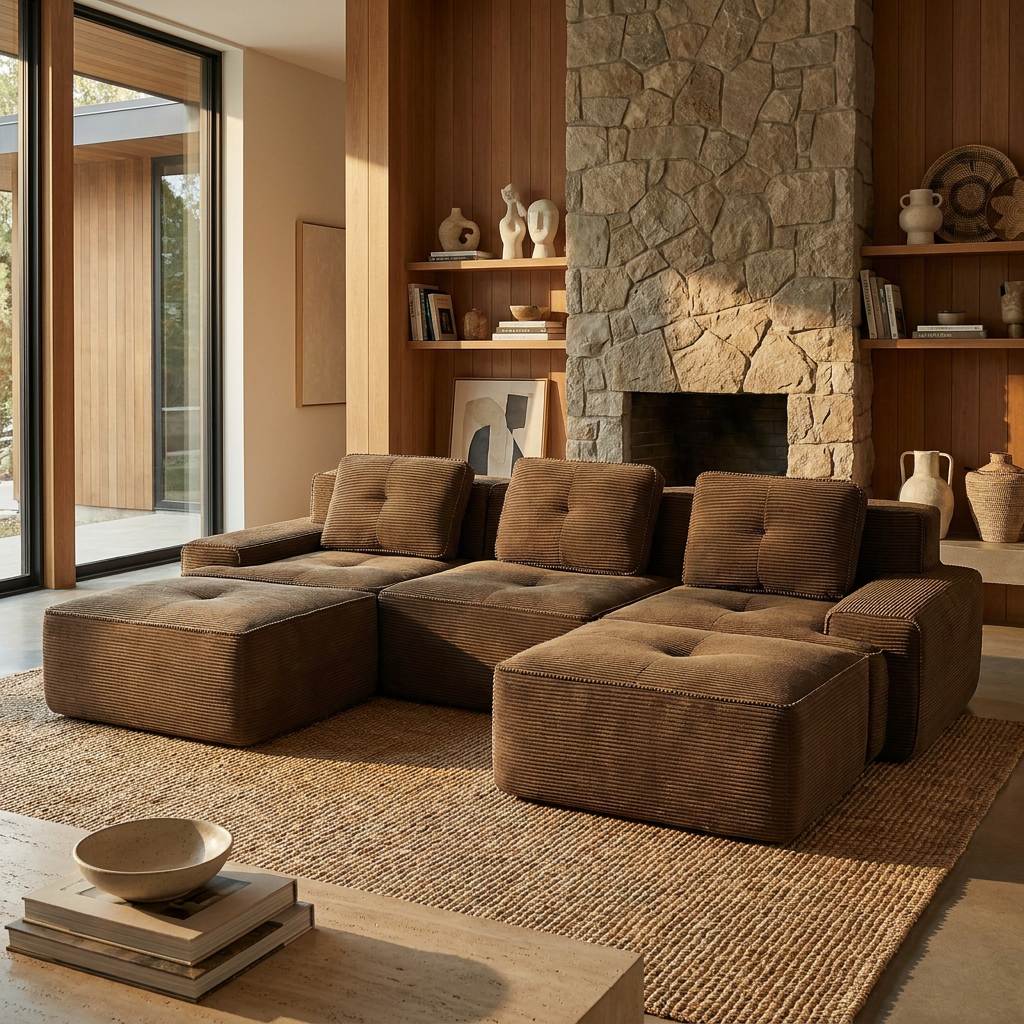 Racine brown modular sofa showing cozy living room setup with movable ottoman