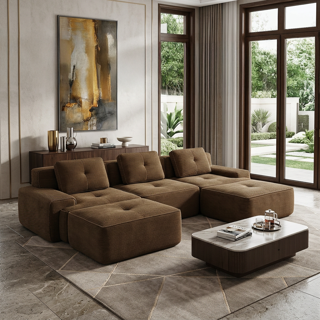Racine brown modular sofa showing cozy living room setup with movable ottoman