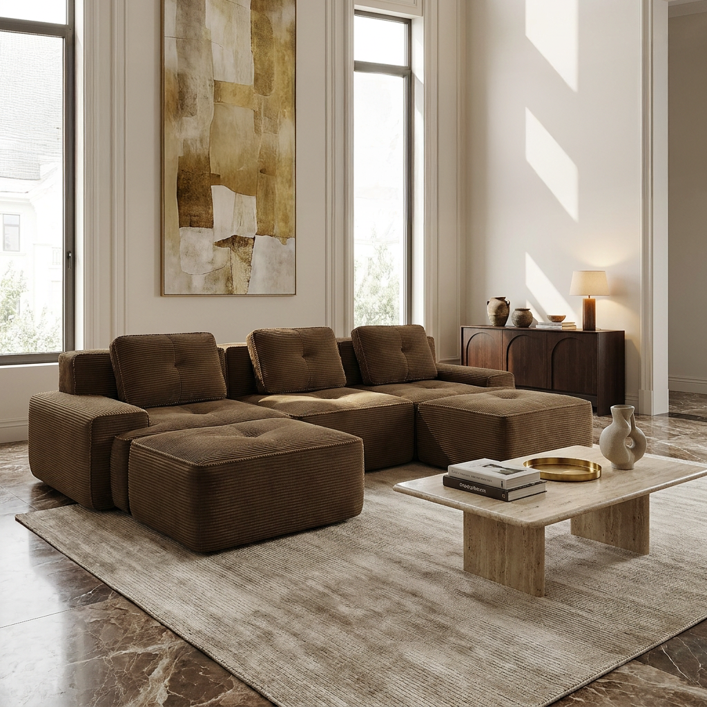 Racine brown modular sofa showing cozy living room setup with movable ottoman