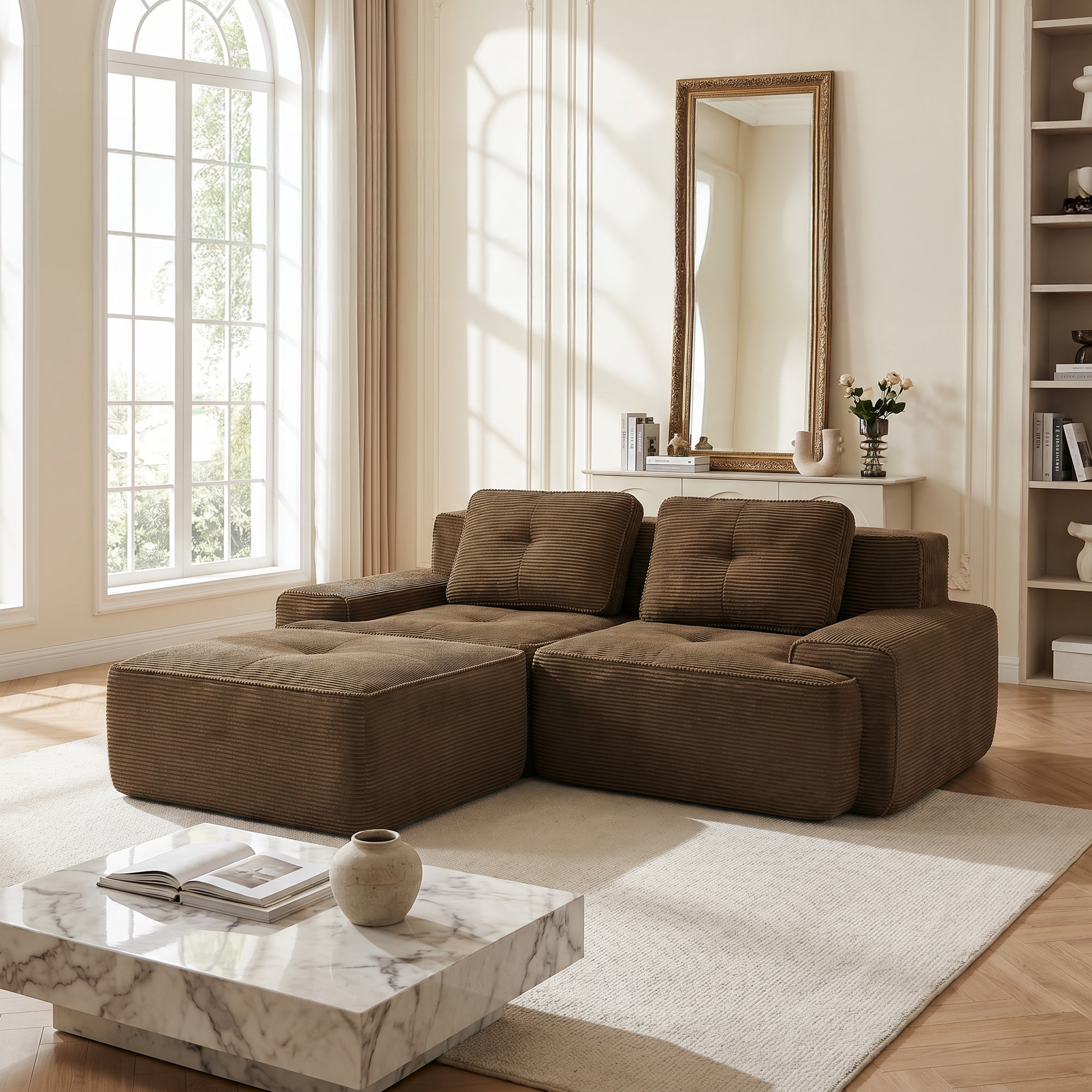 Racine brown modular sofa showing front living room setup with corduroy upholstery