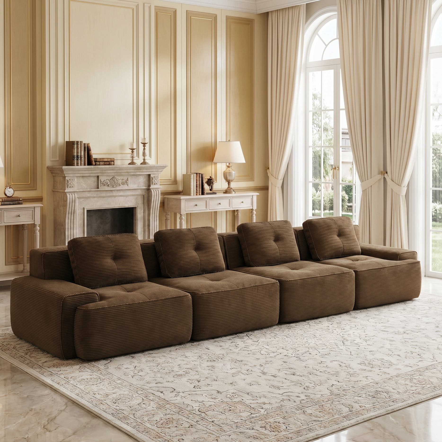 Racine brown modular sofa showing cozy living room setup with movable ottoman