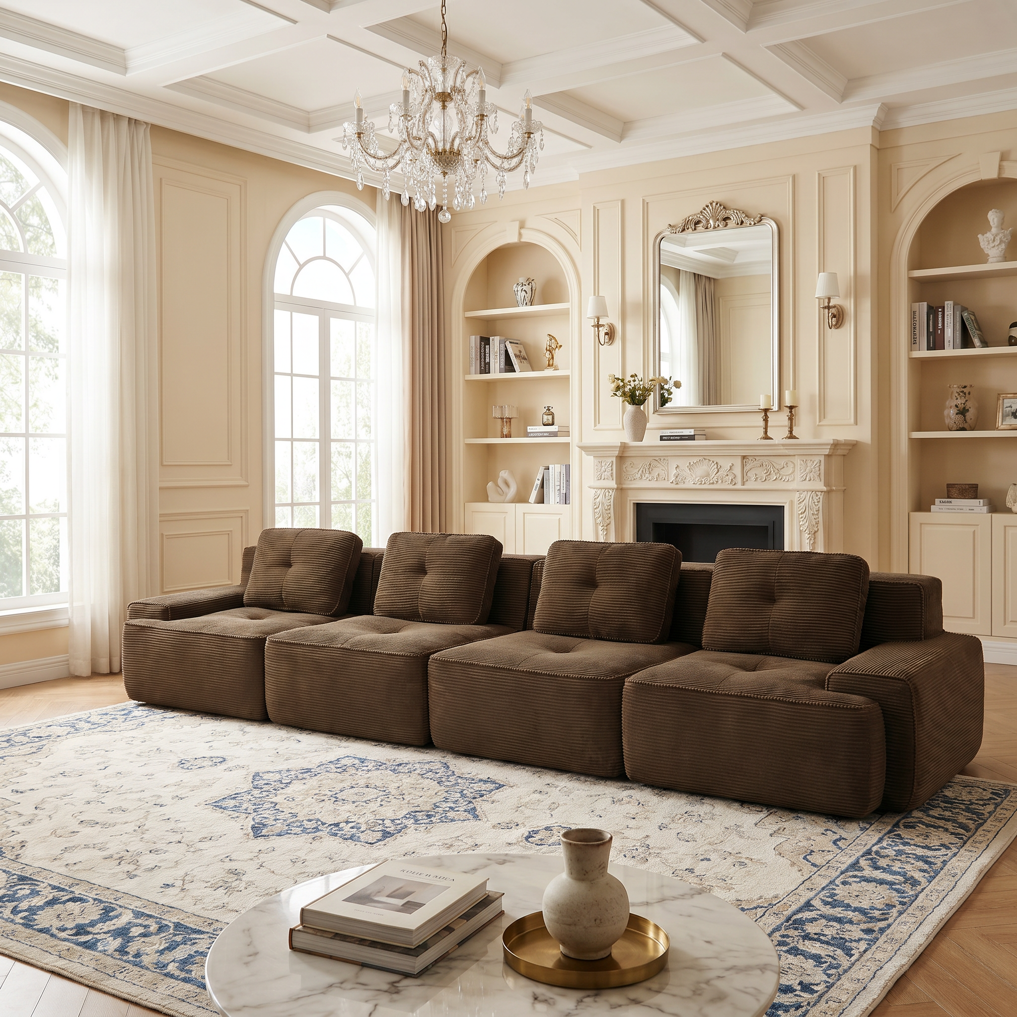 Racine brown modular sofa showing cozy living room setup with movable ottoman