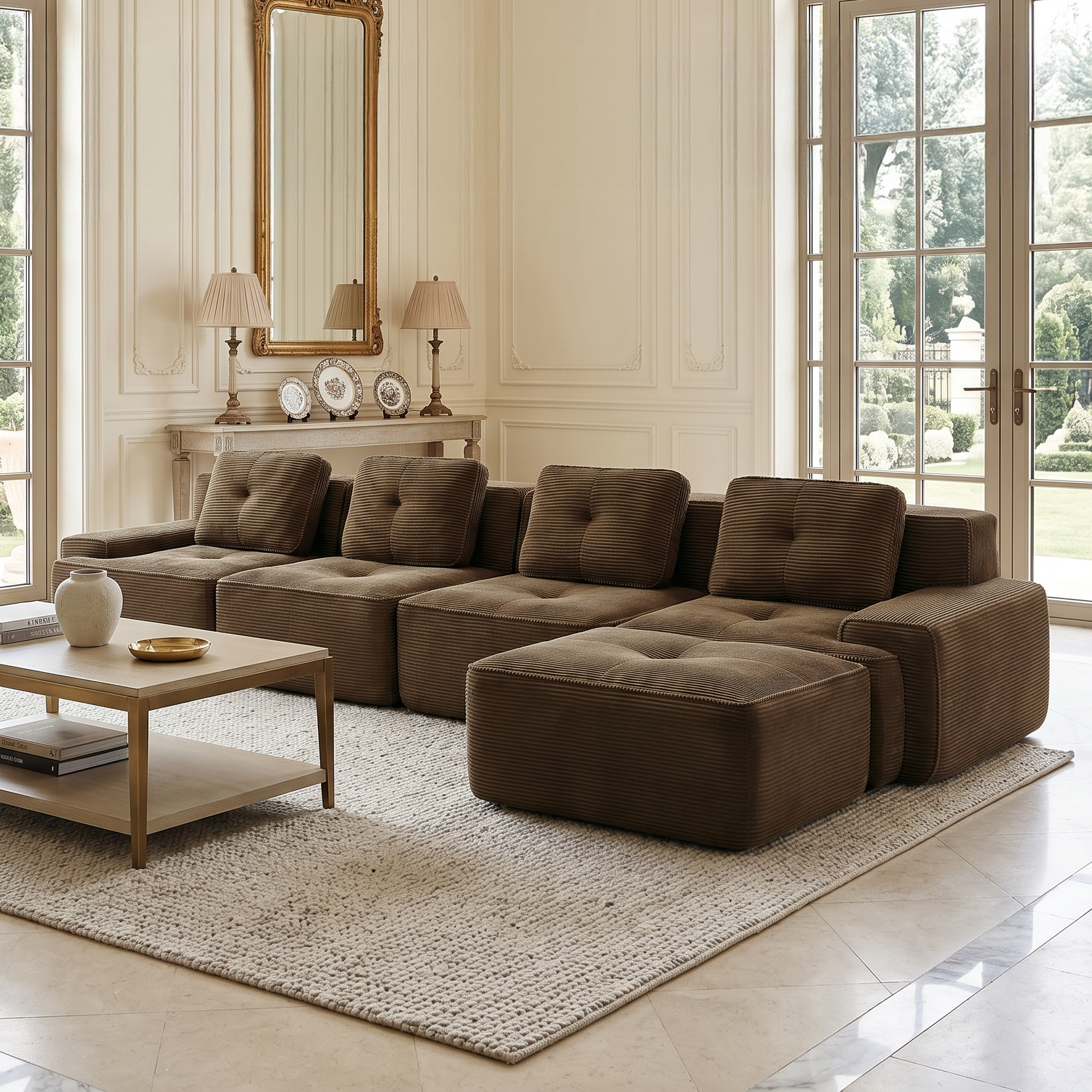 Racine brown modular sofa showing cozy living room setup with movable ottoman