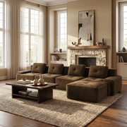 Racine brown modular sofa showing cozy living room setup with movable ottoman