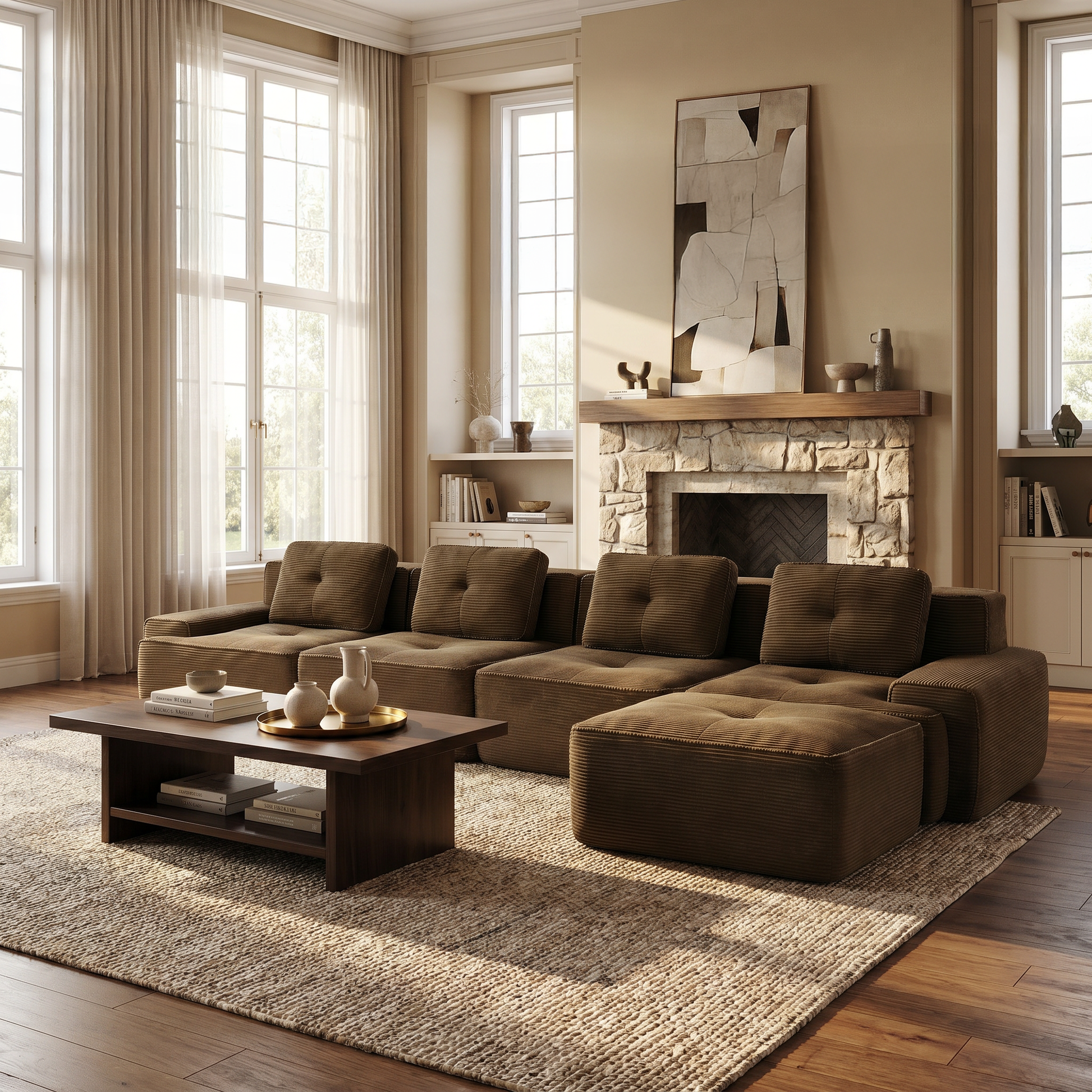 Racine brown modular sofa showing cozy living room setup with movable ottoman