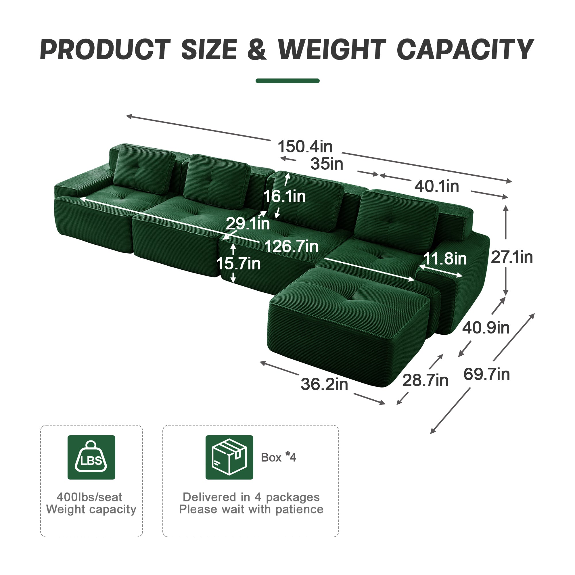 Racine 153" Modular Corduroy Fabric L-Shaped Sectional Sofa with Deep Seat and Movable Ottoman